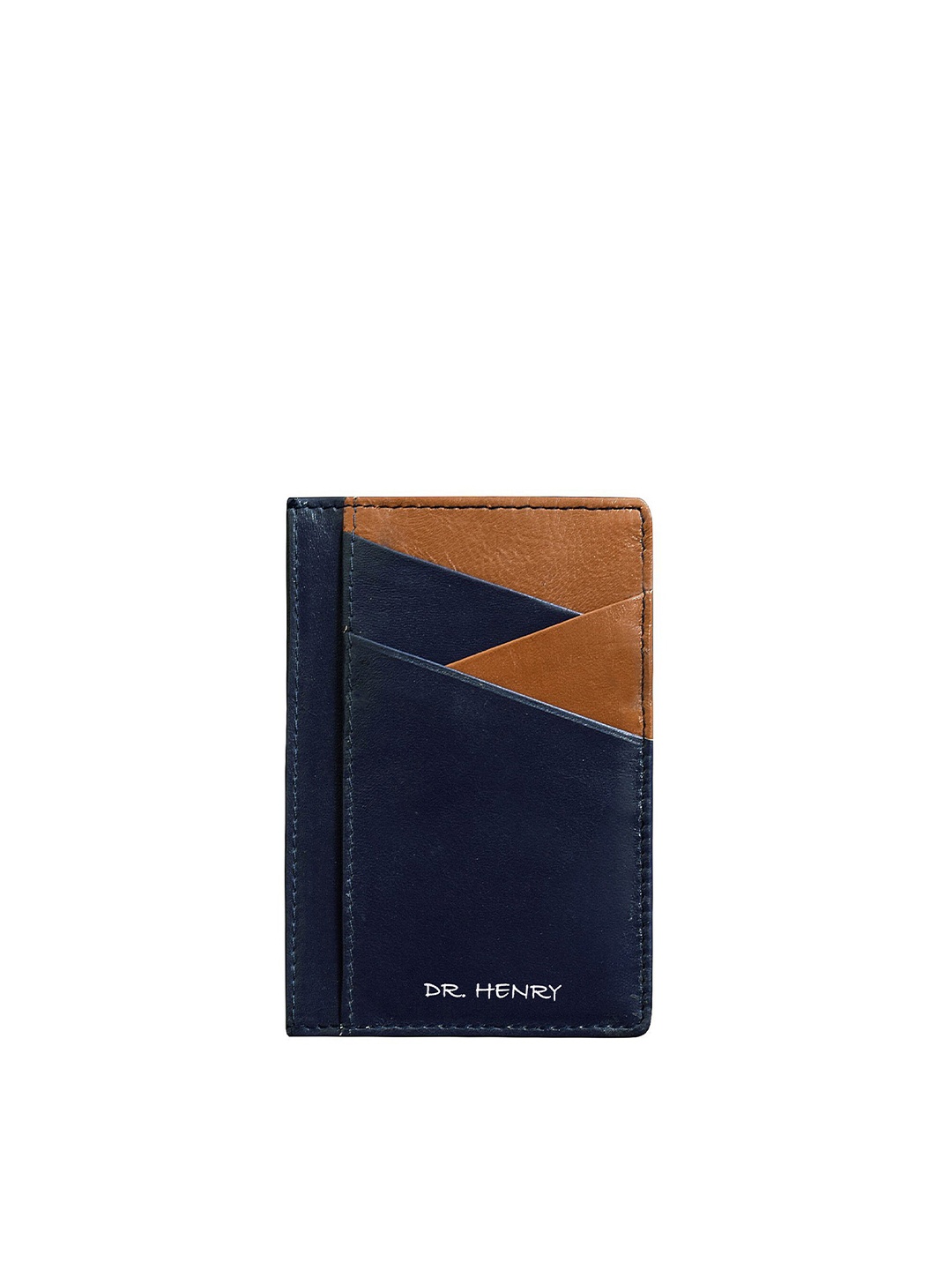 

DR. HENRY Unisex Navy Blue & Tan Brown Colourblocked Leather Card Holder