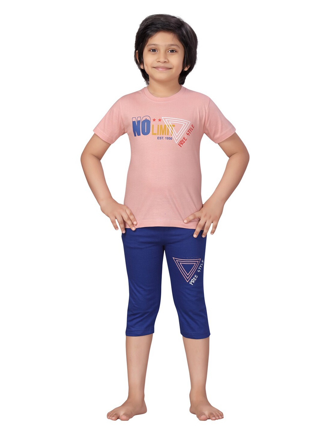 

LITTLE MAFIA BY Aarika Boys Peach-Coloured & Blue Printed Cotton Night Suit