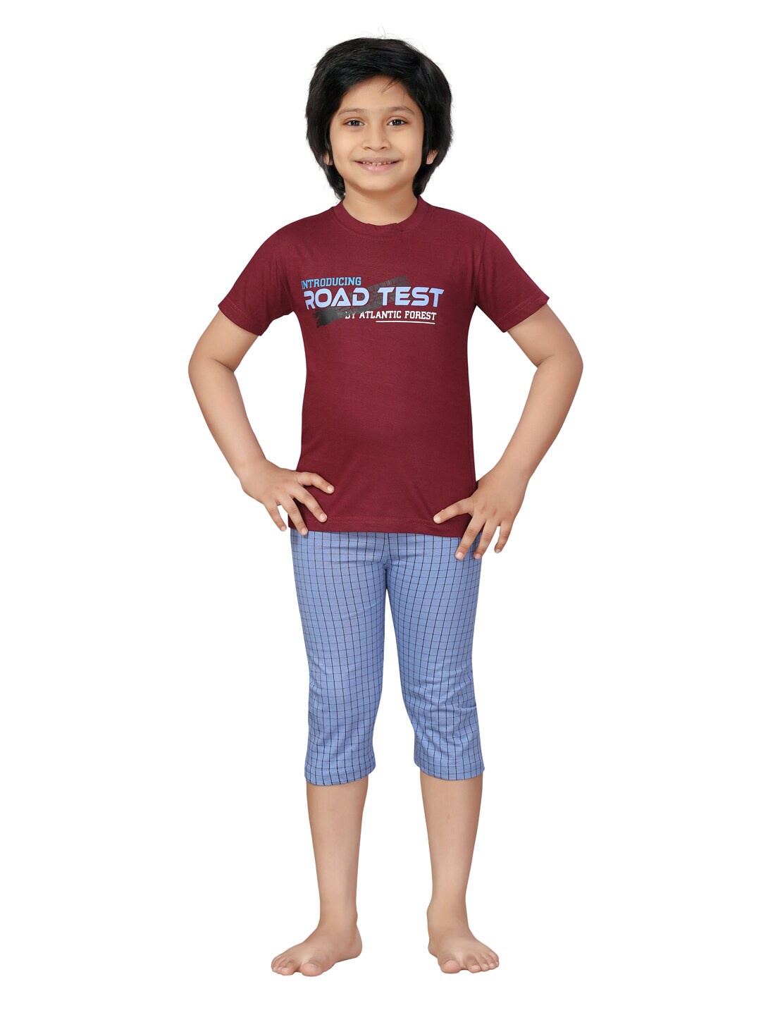 

LITTLE MAFIA BY Aarika Boys Maroon & Blue Printed Cotton Night Suit