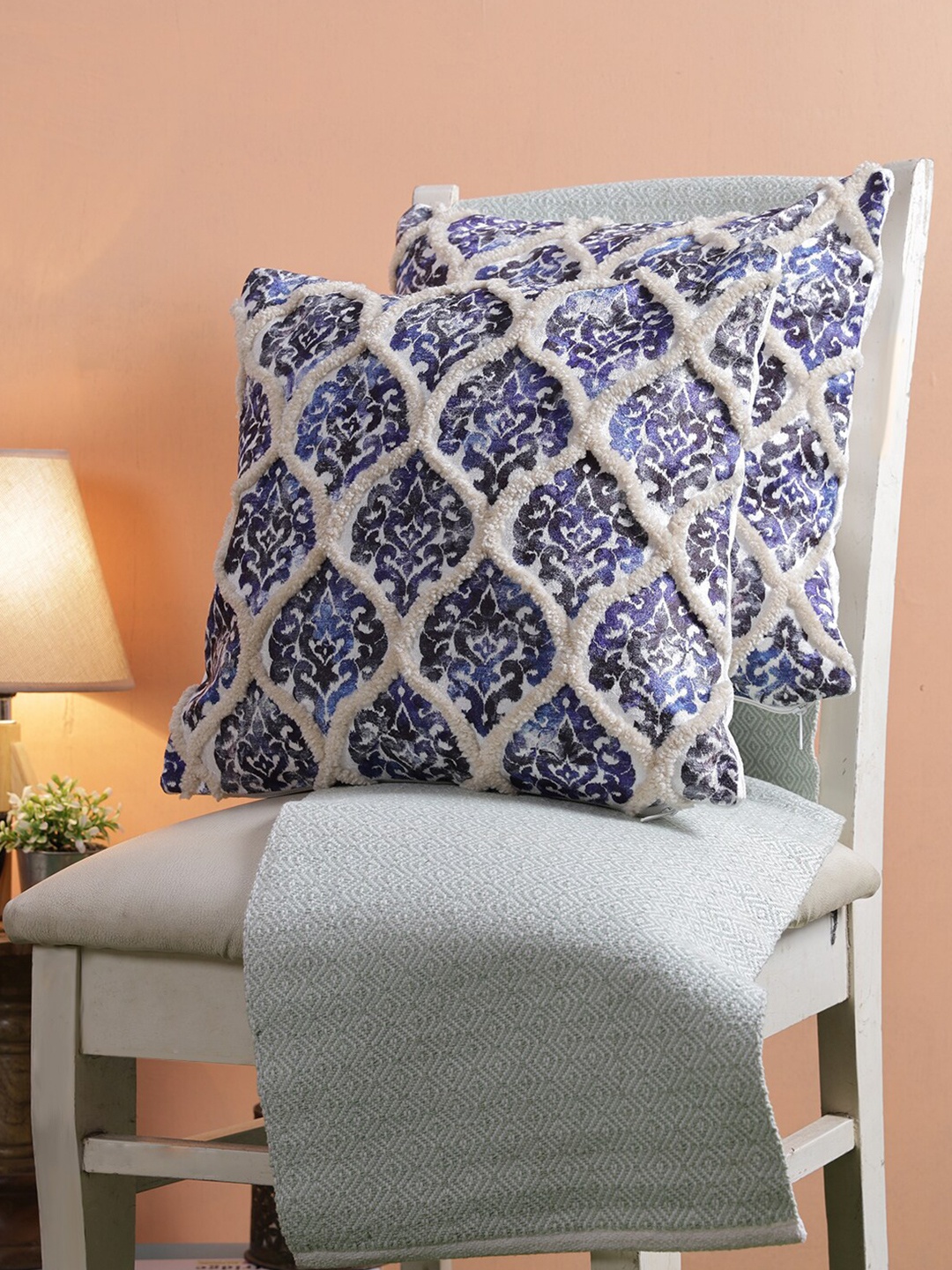 

ROMEE White & Blue Set of 2 Ethnic Motifs Square Cushion Covers