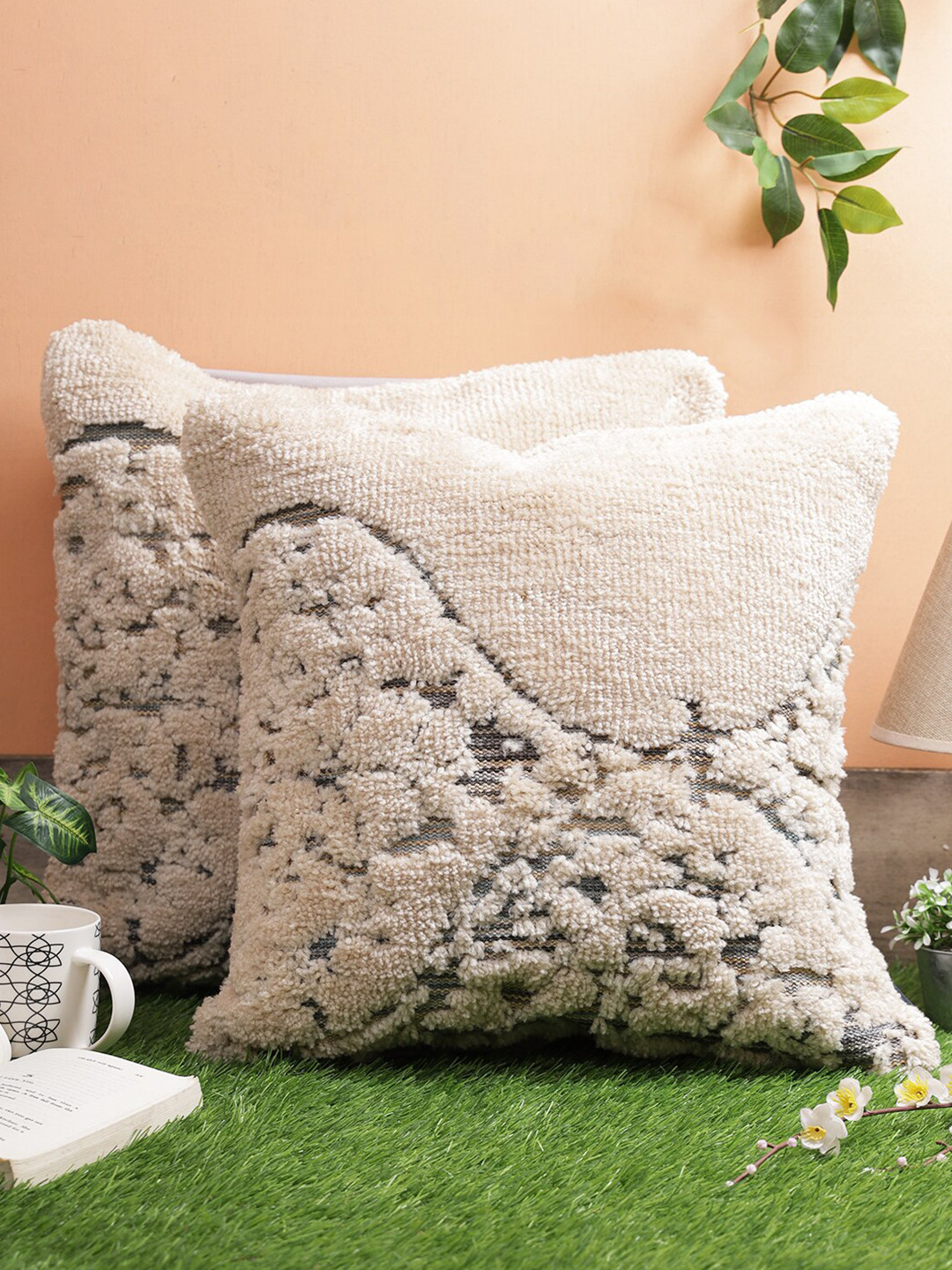 

ROMEE Beige Set of 2 Self Design Square Cushion Covers