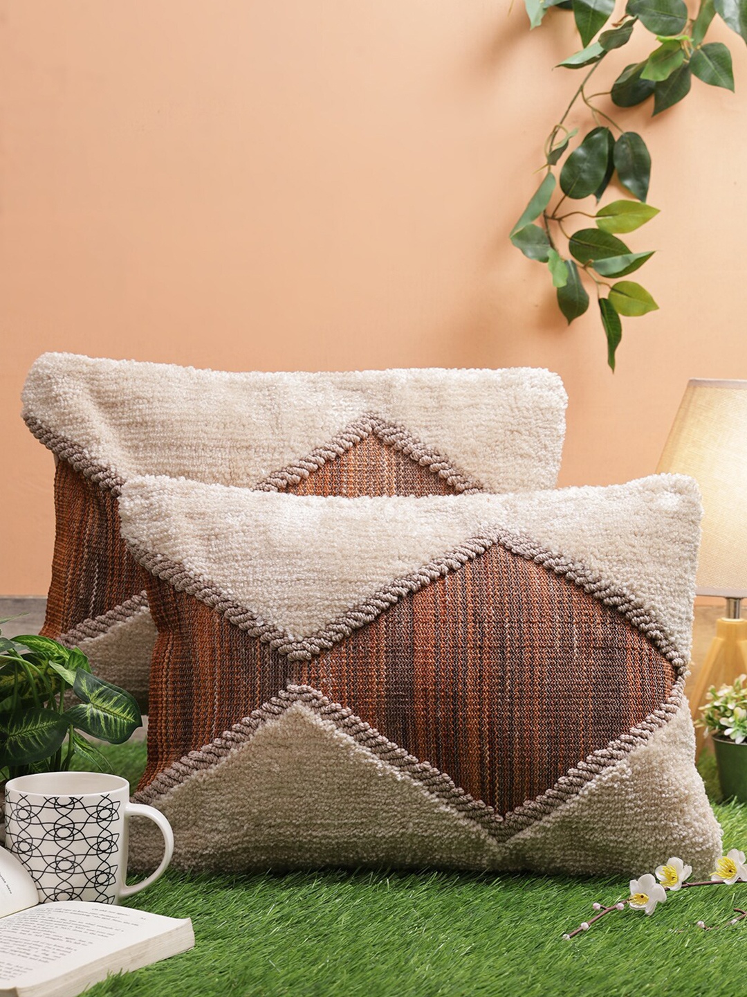 

ROMEE Brown & Beige Set of 2 Self Design Rectangle Cushion Covers