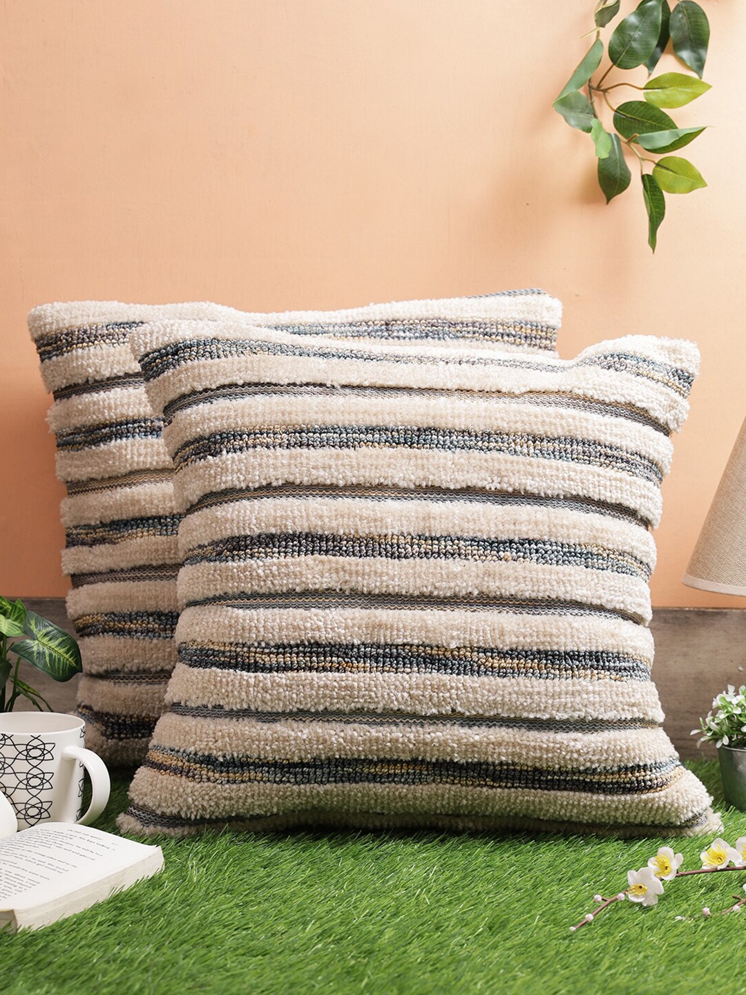 

ROMEE Beige & Grey Set of 2 Striped Square Cushion Covers