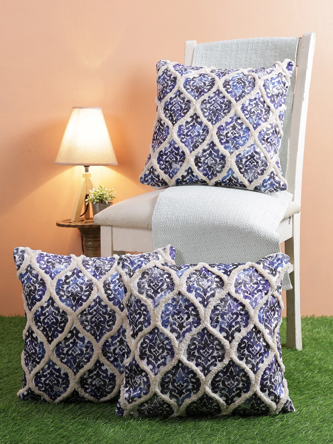 

ROMEE Blue & White Set of 3 Ethnic Motifs Square Cushion Covers