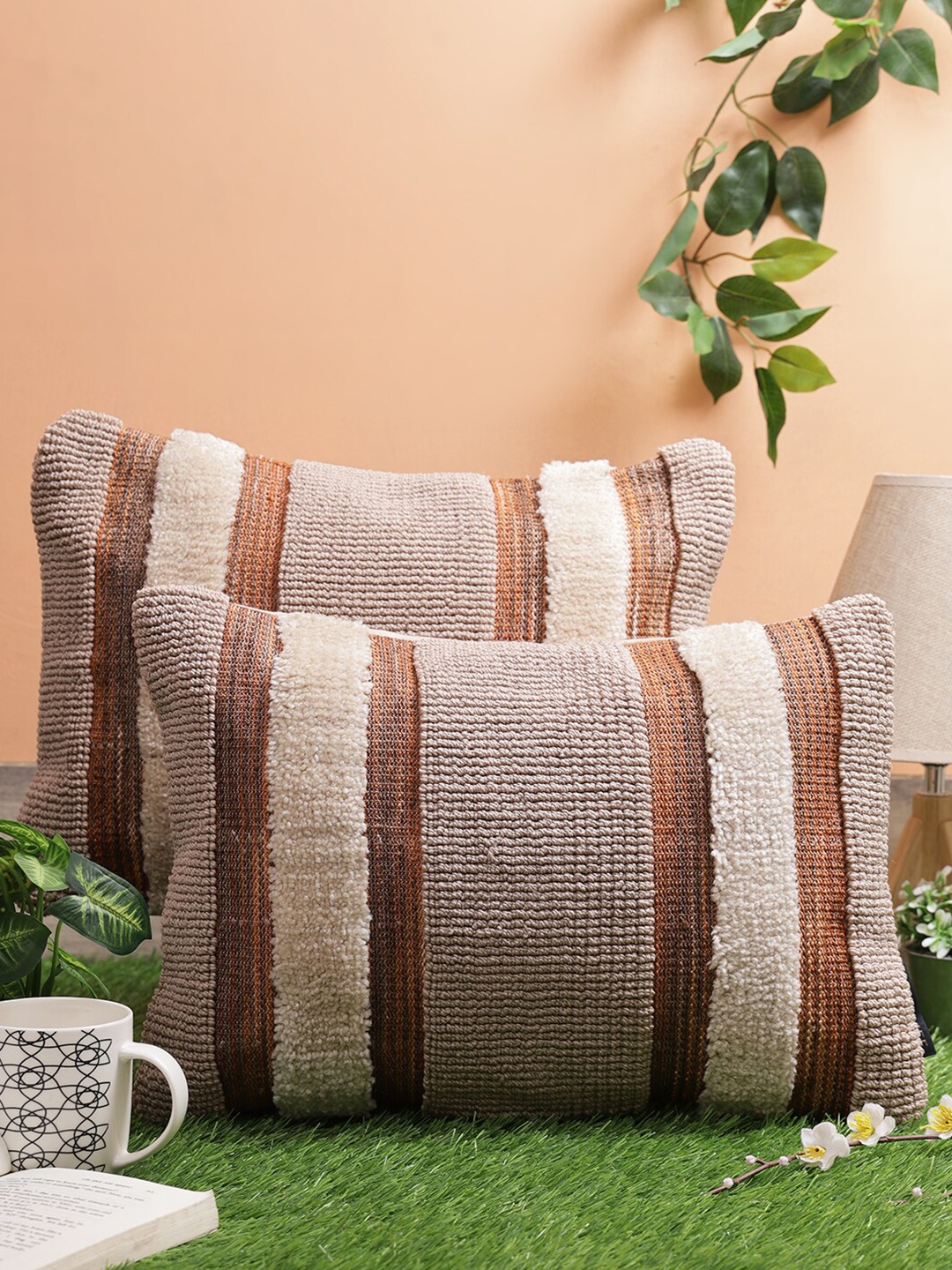 

ROMEE Brown & Beige Set of 2 Striped Rectangle Cushion Covers