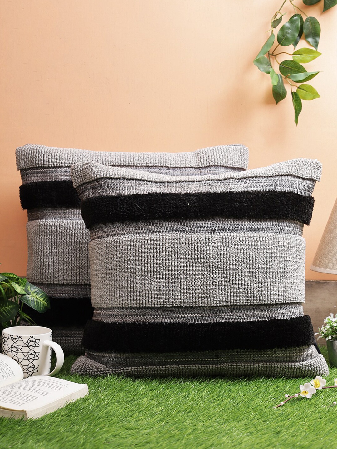 

ROMEE Grey & Black Set of 2 Striped Square Cushion Covers