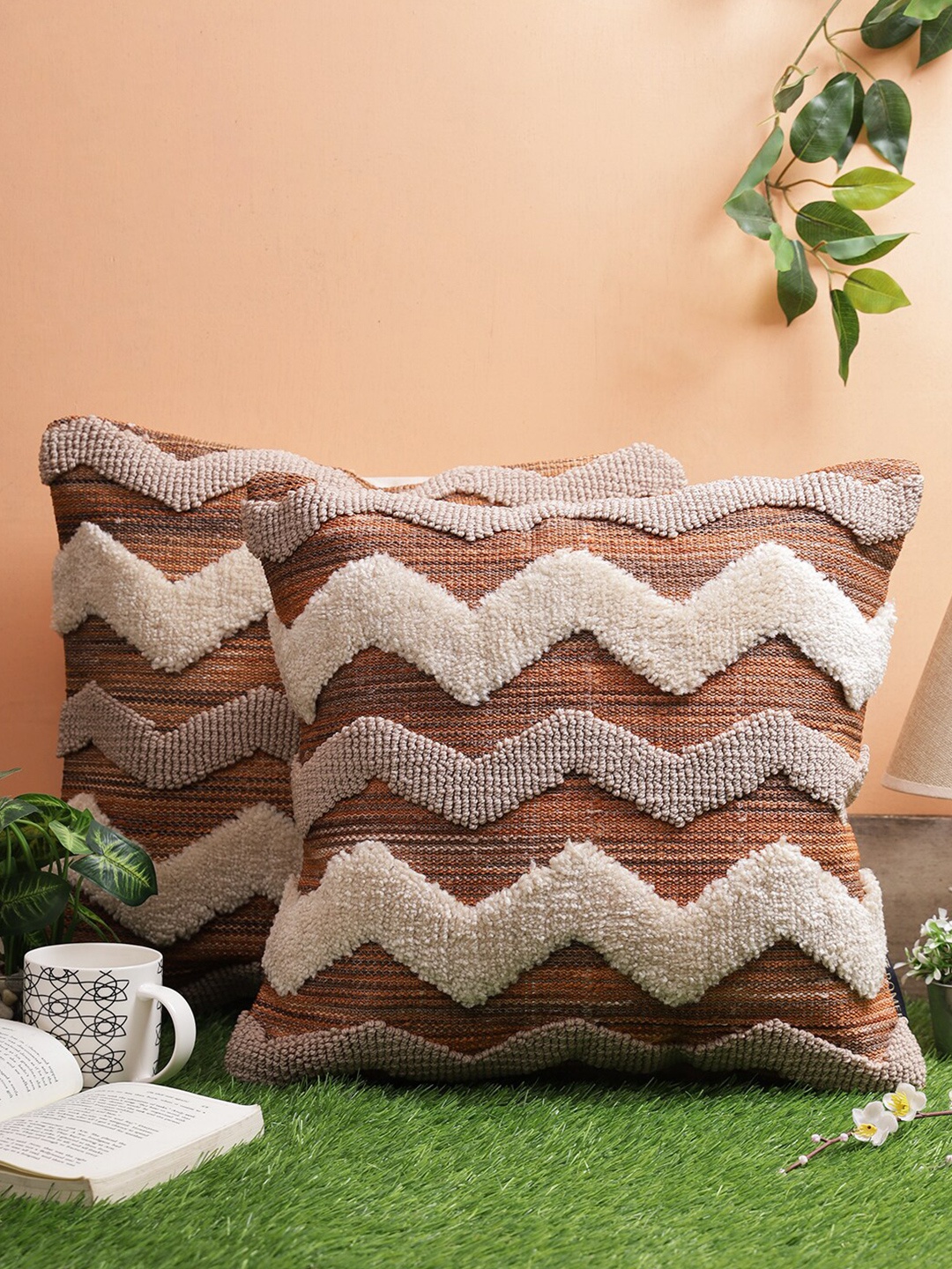 

ROMEE Brown & Beige Set of 2 Striped Square Cushion Covers
