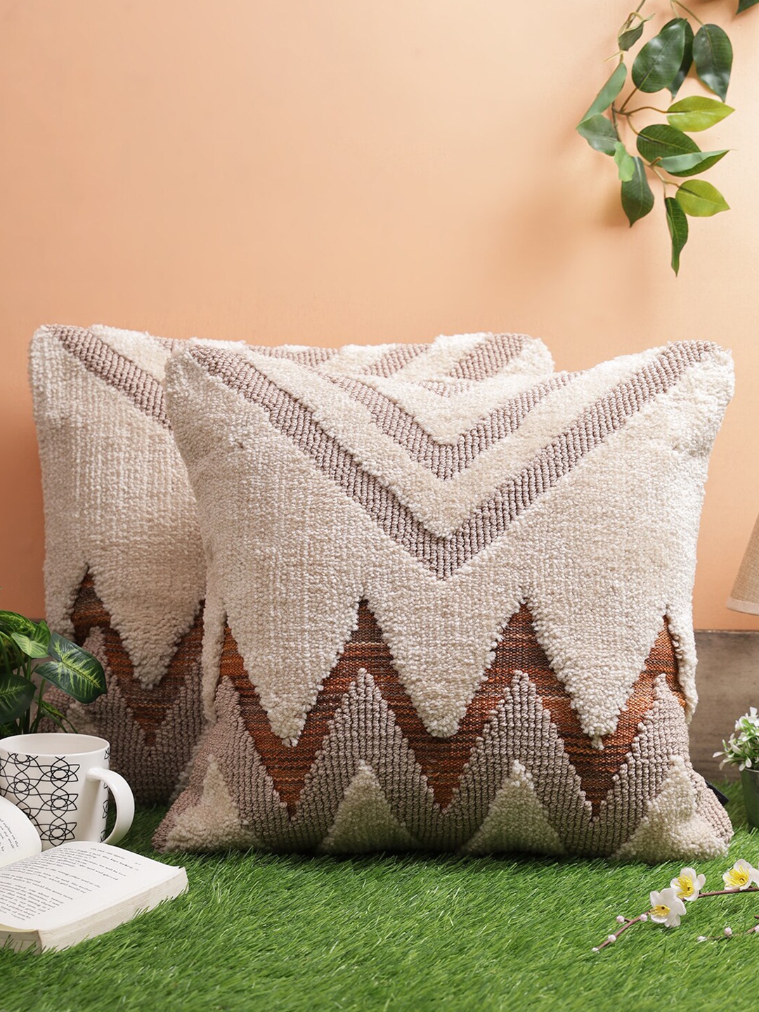 

ROMEE Beige & Brown Set of 2 Self Design Square Cushion Covers