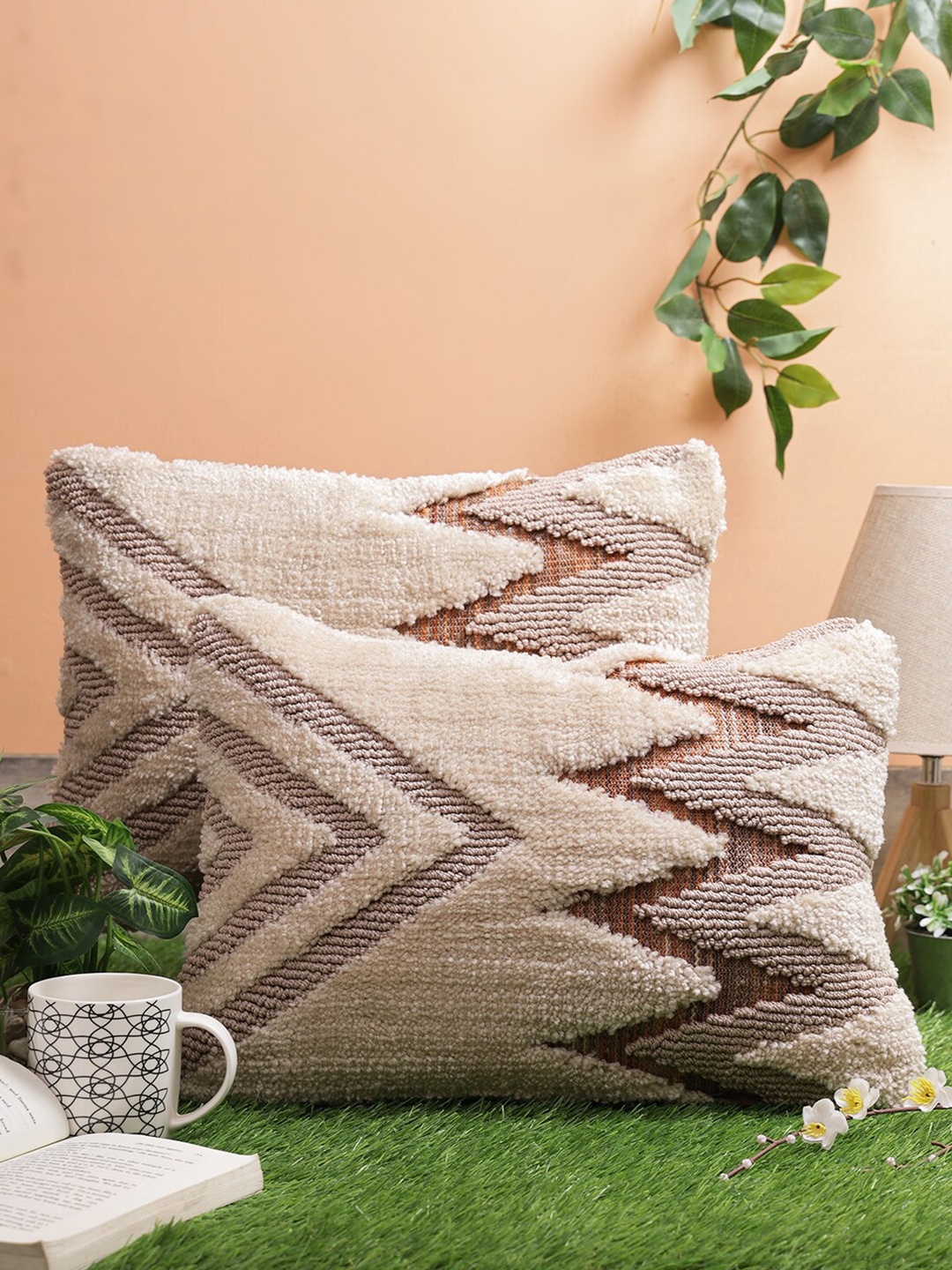 

ROMEE Beige & Brown Set of 2 Self Design Rectangle Cushion Covers
