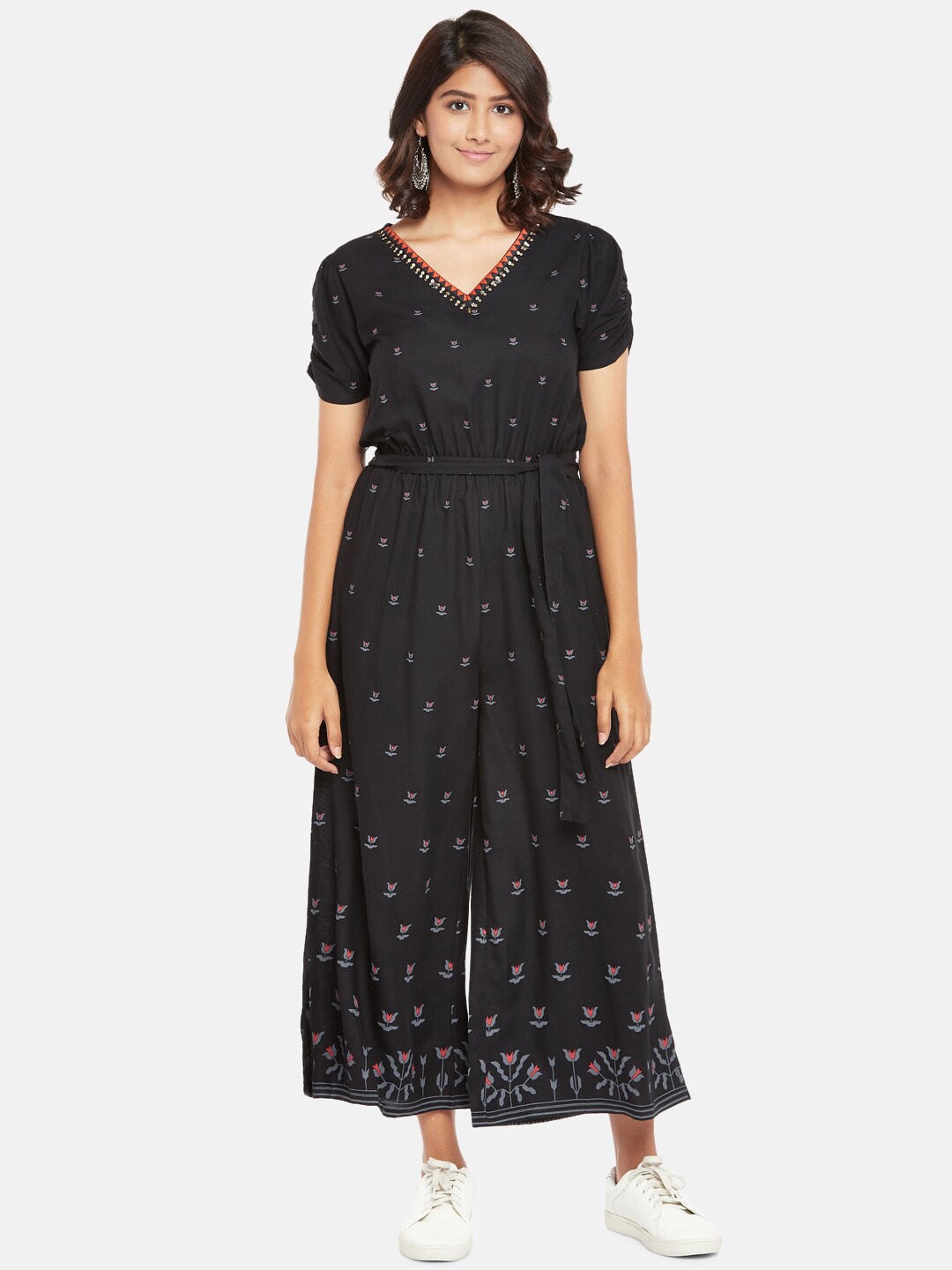 

People Women Black & Orange Printed Basic Jumpsuit