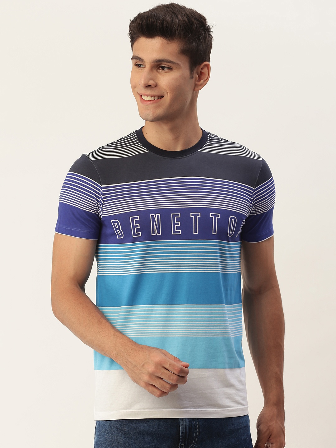 

United Colors of Benetton Men Blue Cotton Brand Logo Striped T-shirt