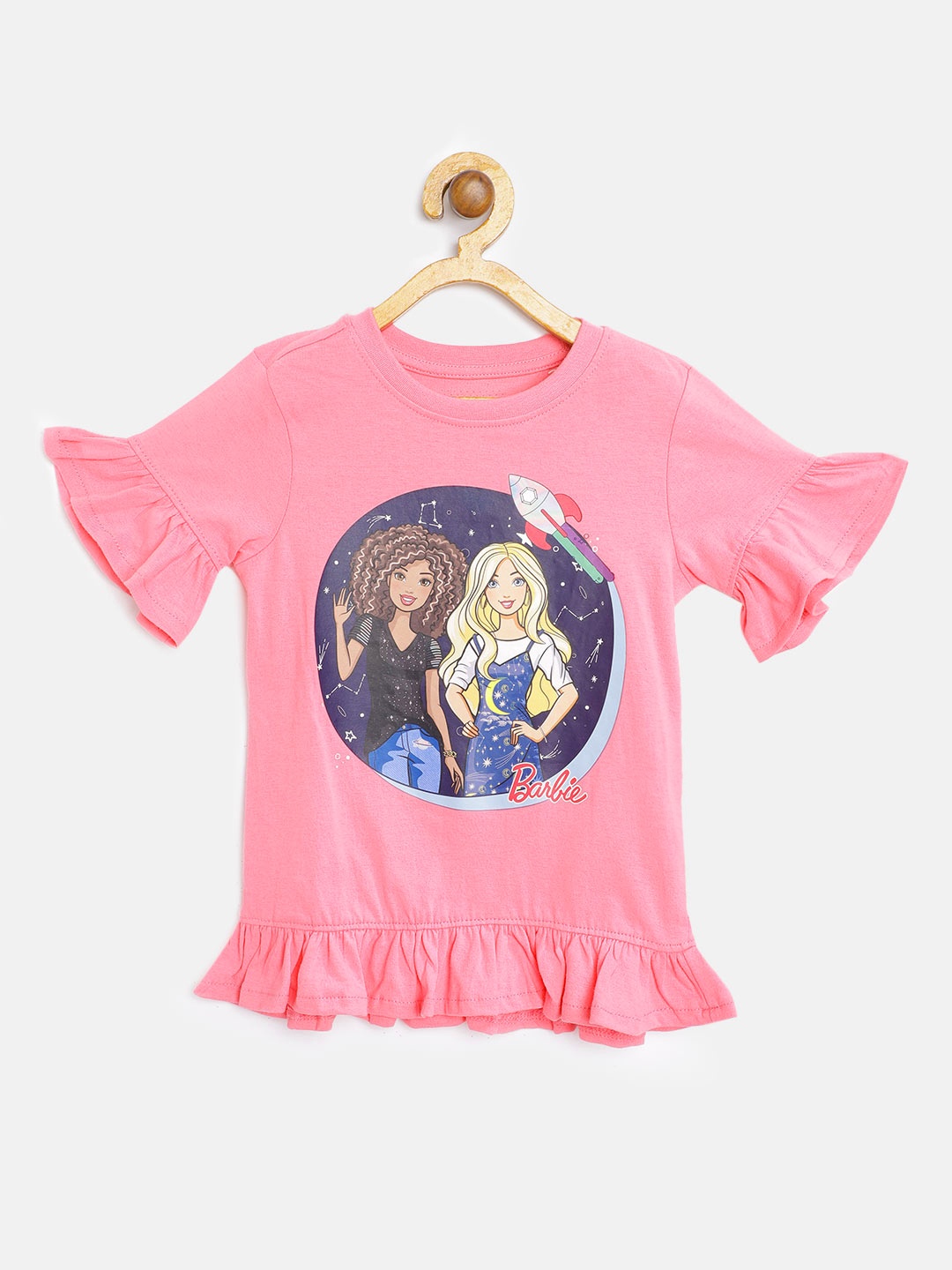 

Barbie Girls Pink & Navy Blue Barbie Print Pure Cotton Flutter Sleeves Regular Top