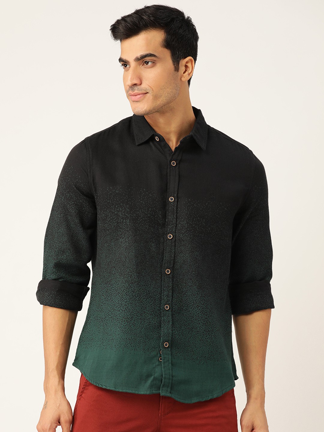 

United Colors of Benetton Men Green Slim Fit Printed Ombre Dyed Cotton Casual Shirt