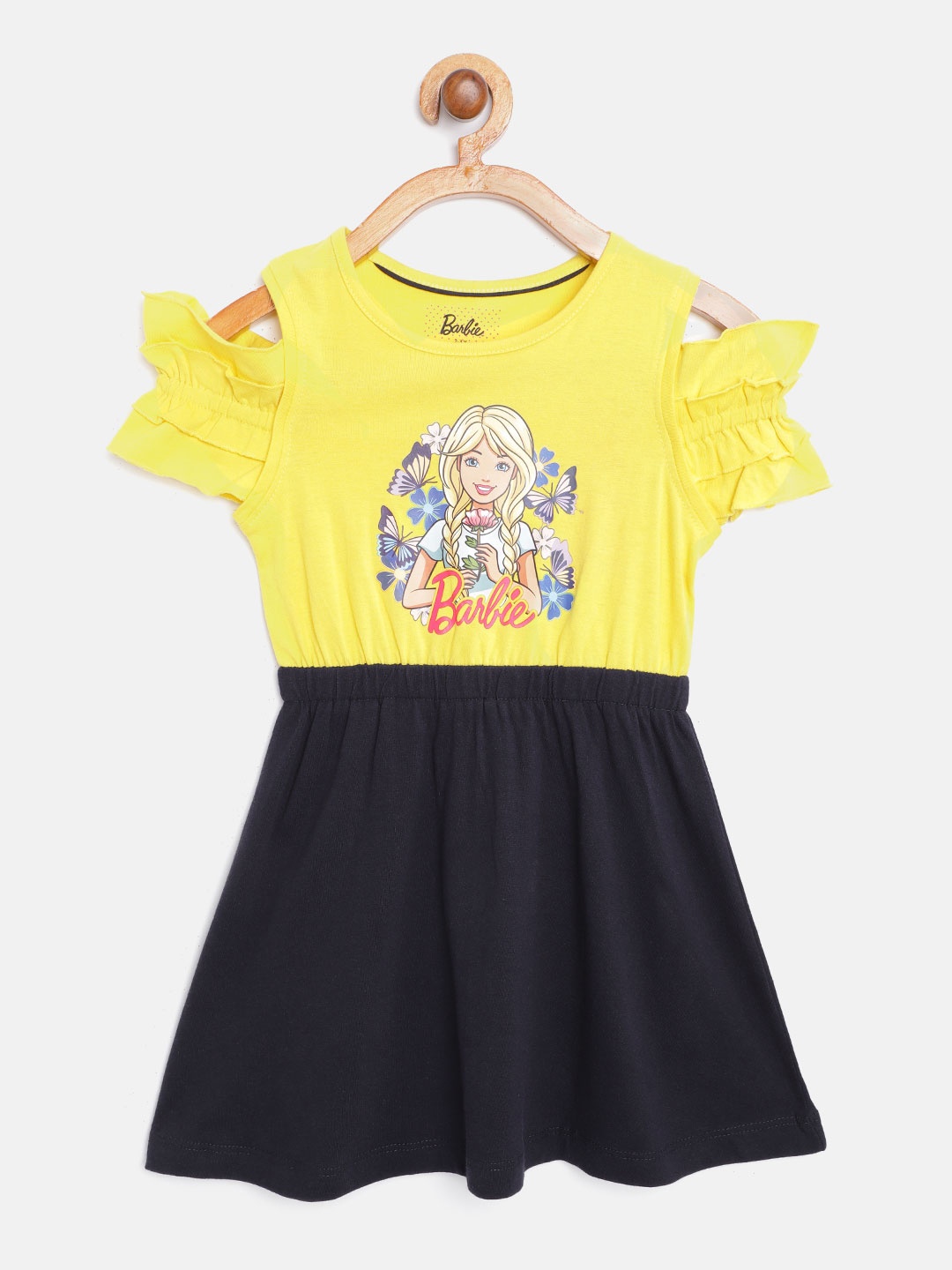 

Barbie Yellow & Navy Blue Colourblocked Cotton Fit & Flare Dress with Barbie Print Detail