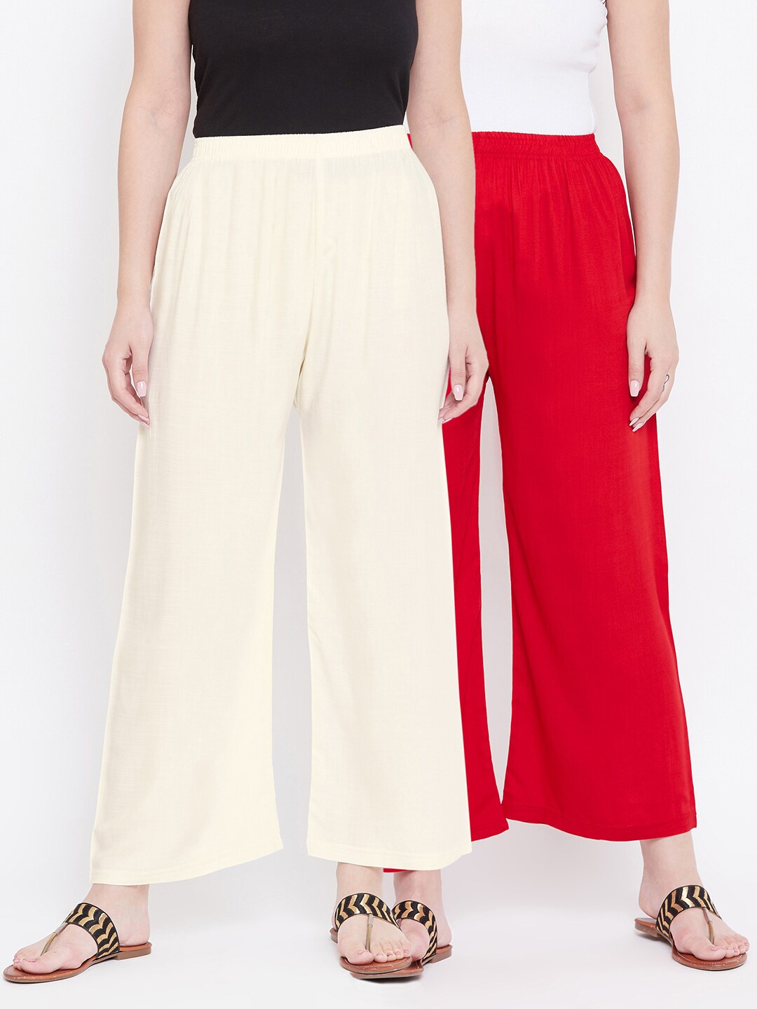 

Castle Women White & Red Pack Of 2 Solid Straight Palazzos, Off white