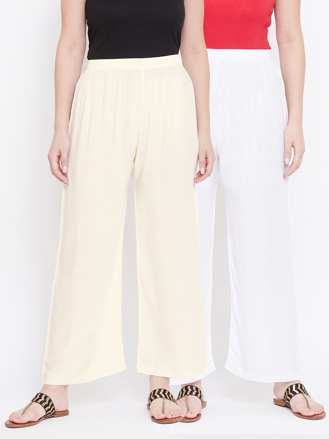 

Castle Women Pack of 2 White & Cream-Coloured Solid Flared Palazzos