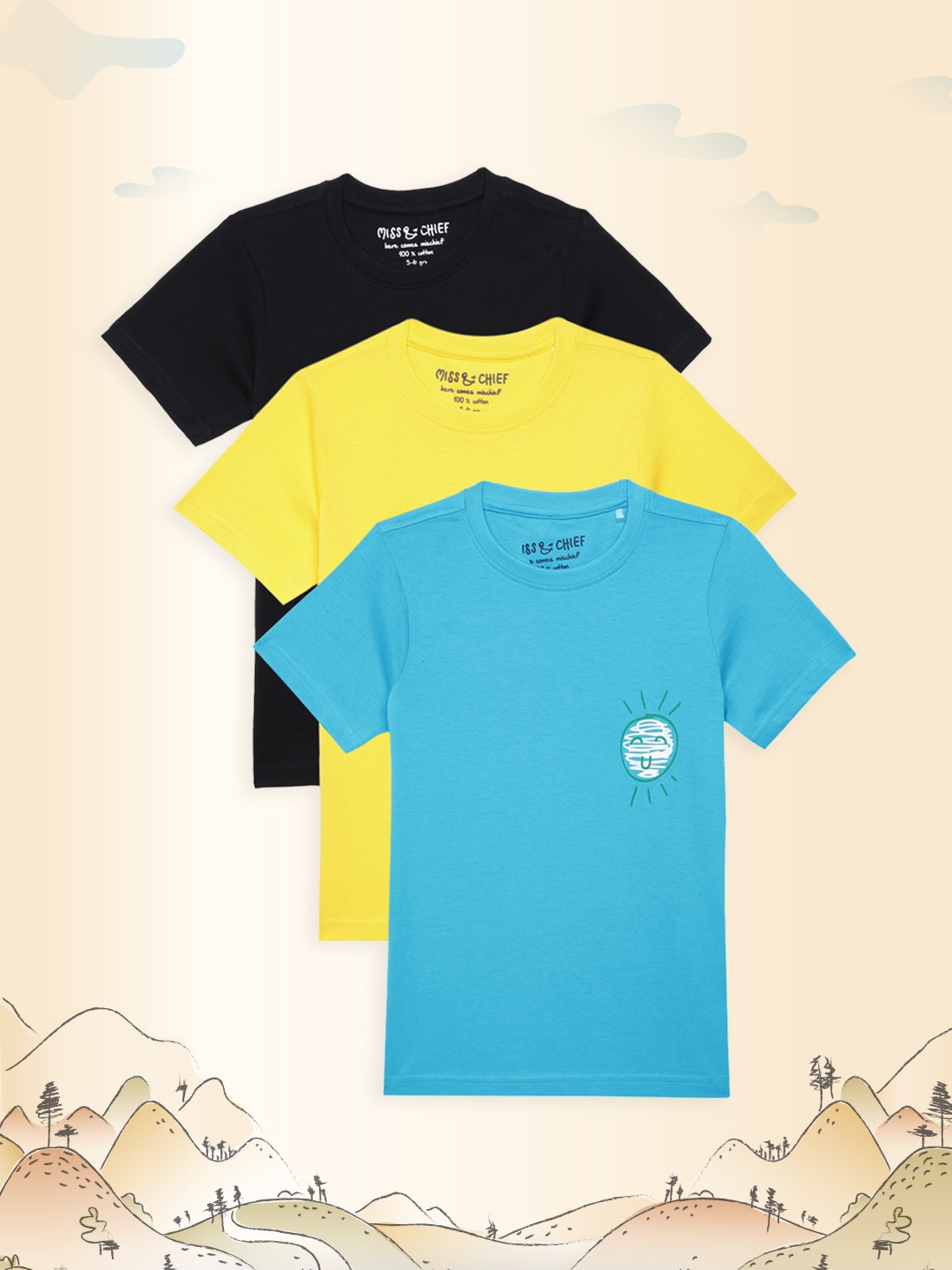 

Miss Chief Boys Pack of 3 Printed Pure Cotton T-shirts, Black