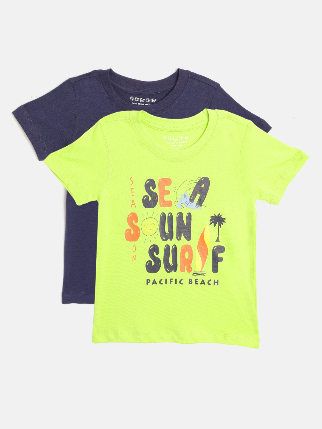 

Miss Chief Boys Pack Of 2 Pure Cotton Printed Pure Cotton T-shirts, Navy blue