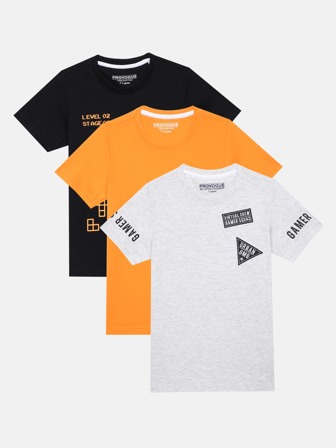 

Provogue Boys Pack of 3 Typography Printed Pure Cotton T-shirt, Grey melange