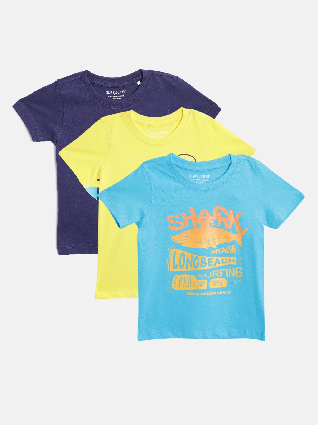 

Miss Chief Boys Pack of 3 Round Neck Pure Cotton T-shirts, Blue