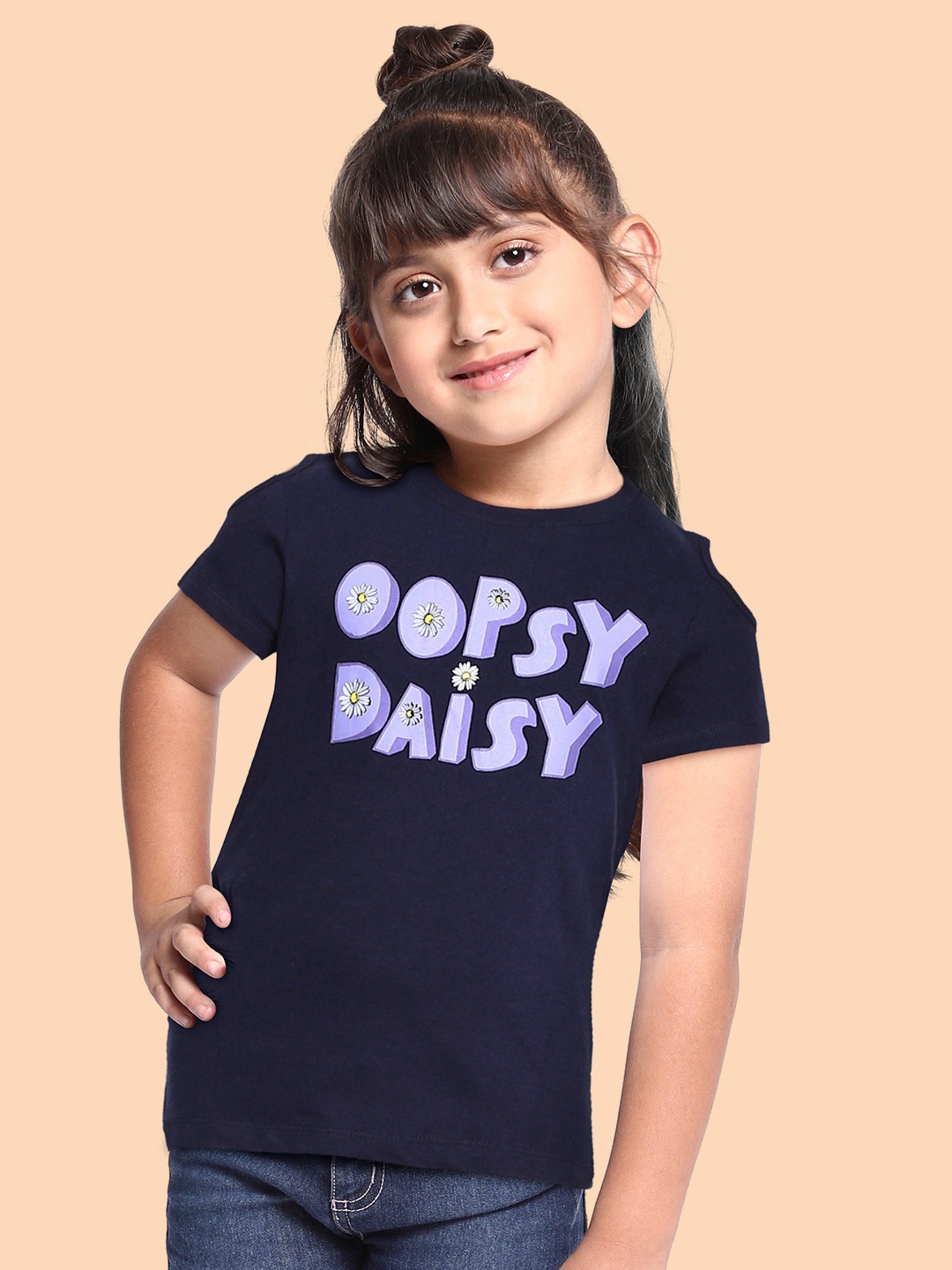 

Miss & Chief Girls Navy Blue Typography Printed Round Neck Regular Pure Cotton T-shirt