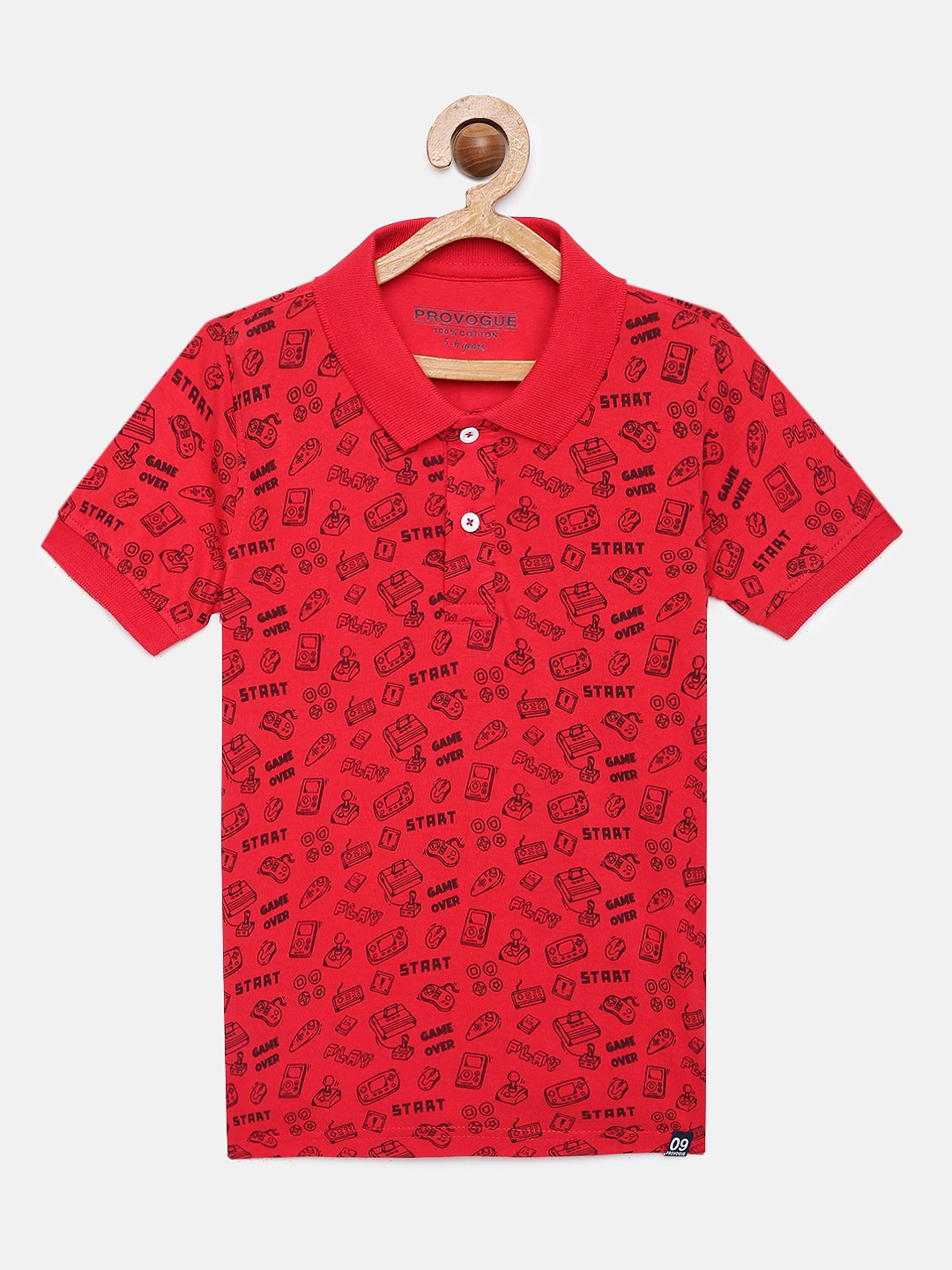 

Provogue Boys Red Printed Pure Cotton Polo Collar Pure Cotton T-shirt