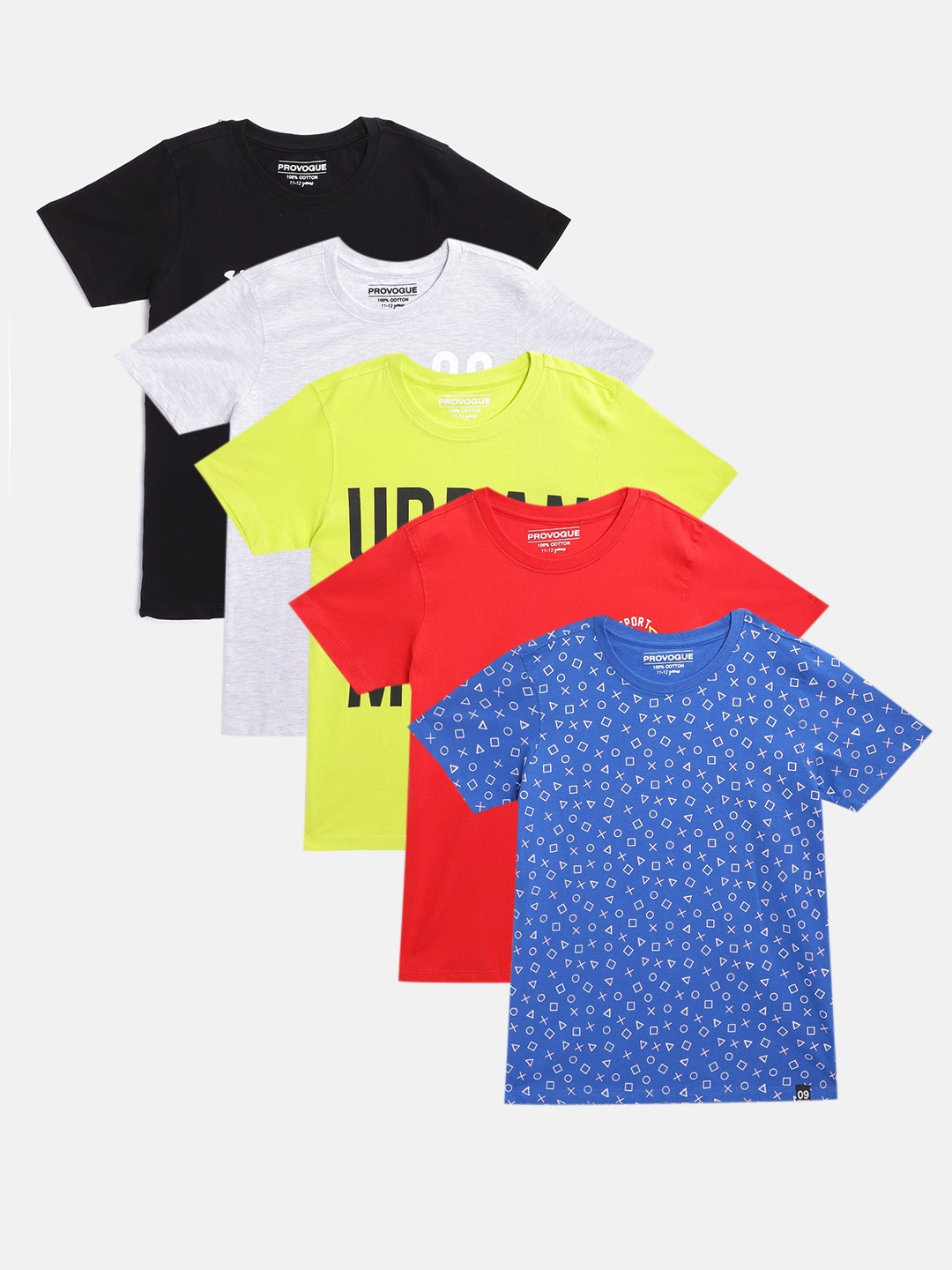 

Provogue Boys Pack of 5 Printed Cotton T-shirts, Lime green