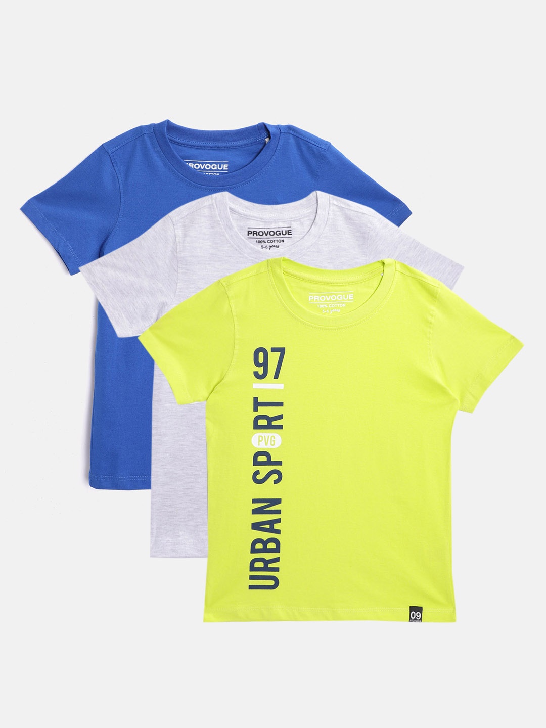 

Provogue Boys Pack of 3 Printed Cotton T-shirts, Grey melange