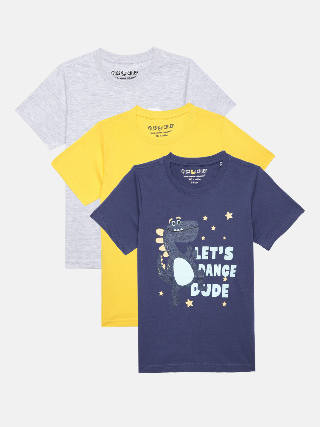 

Miss Chief Boys Pack of 3 Printed Pure Cotton T-shirts, Grey melange