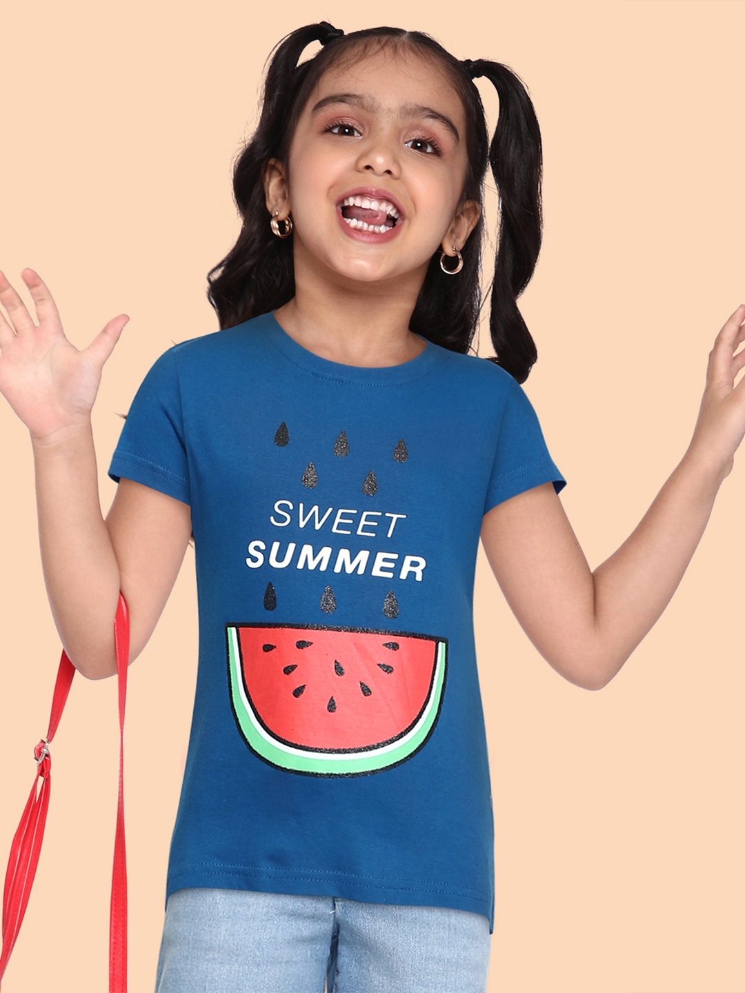 

Miss & Chief Girls Blue Typography Printed Round Neck Regular Pure Cotton T-shirt