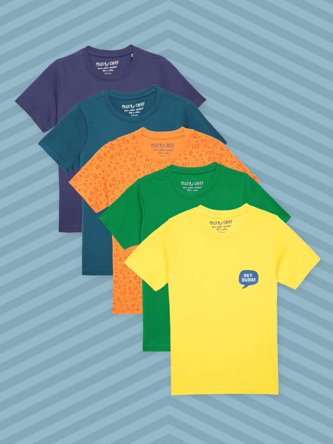 

Miss Chief Boys Pack of 5 Printed Pure Cotton T-shirts, Blue