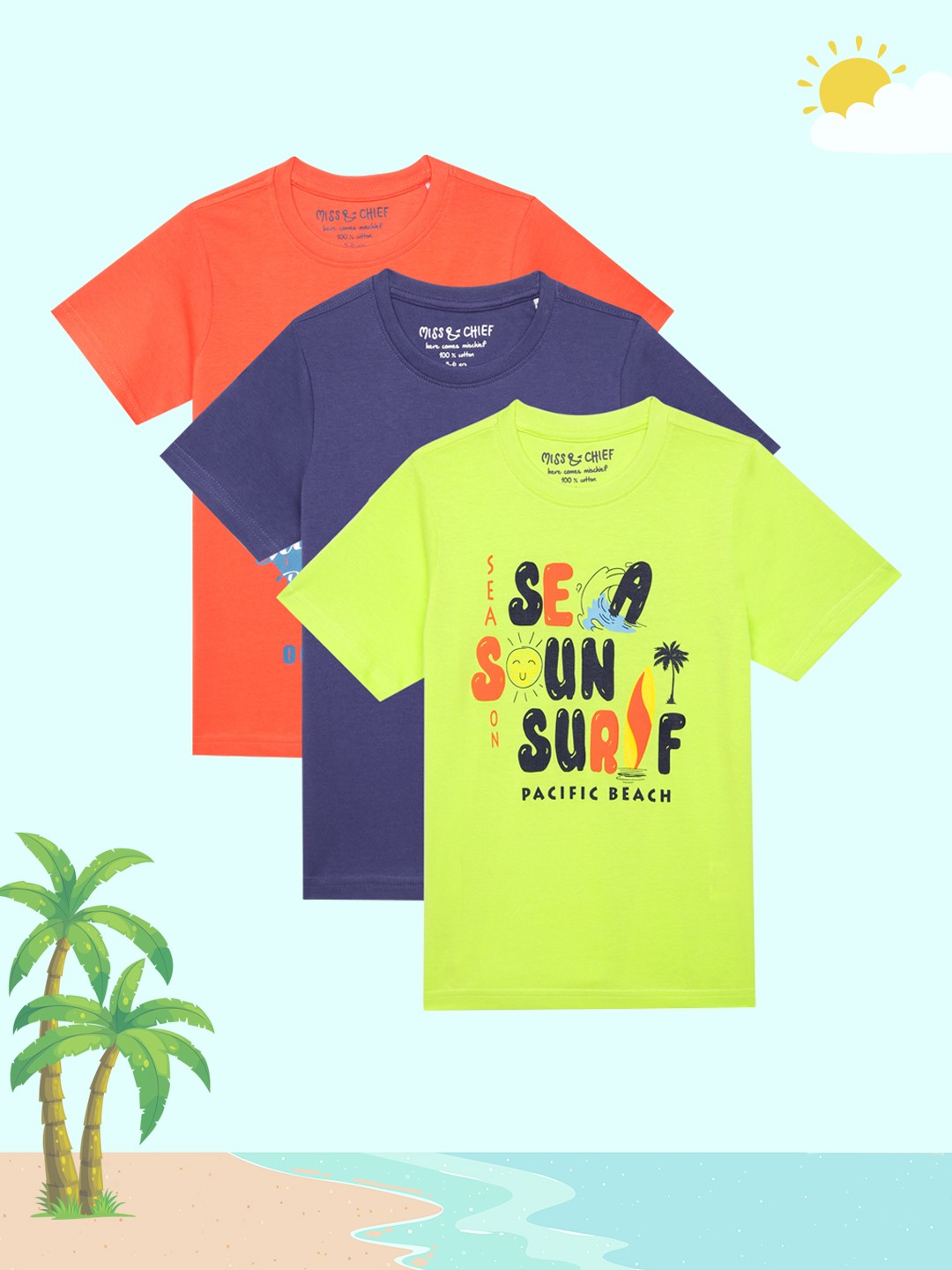 

Miss Chief Boys Pack of 3 Printed Pure Cotton T-shirts, Red