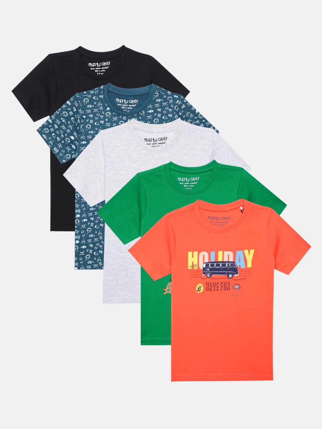 

Miss Chief Boys Pack of 5 Printed Pure Cotton T-shirt, Multi