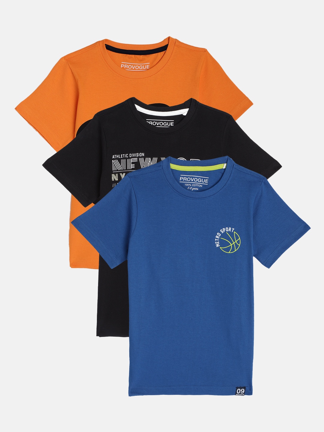 

Provogue Boys Pack of 3 Pure Cotton Printed Pure Cotton T-shirts, Blue
