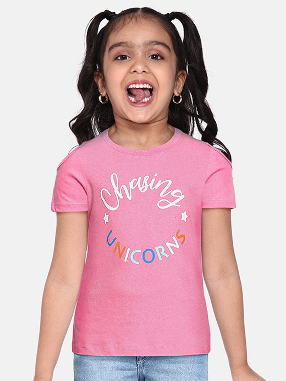 

Miss & Chief Girls Pink Typography Printed Round Neck Regular Pure Cotton T-shirt