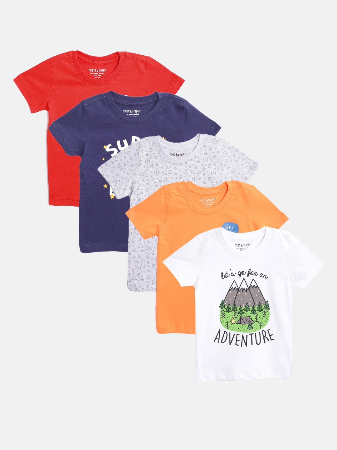 

Miss Chief Boys Pack of 5 Round Neck Pure Cotton T-shirts, Multi