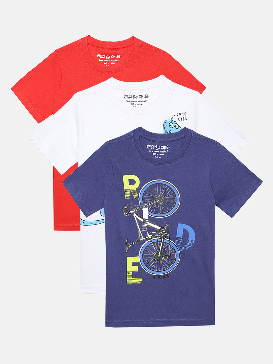 

Miss Chief Boys Pack of 3 Printed Pure Cotton T-shirts, Red