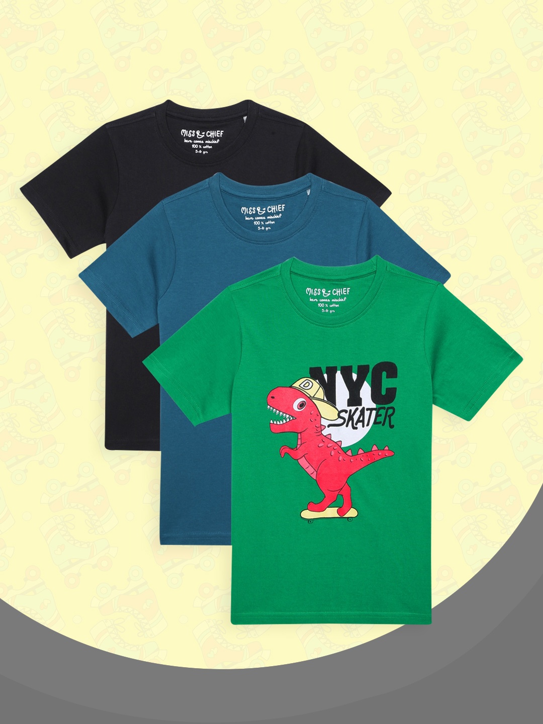 

Miss Chief Boys Pack of 3 Typography Printed Pure Cotton T-shirt, Green