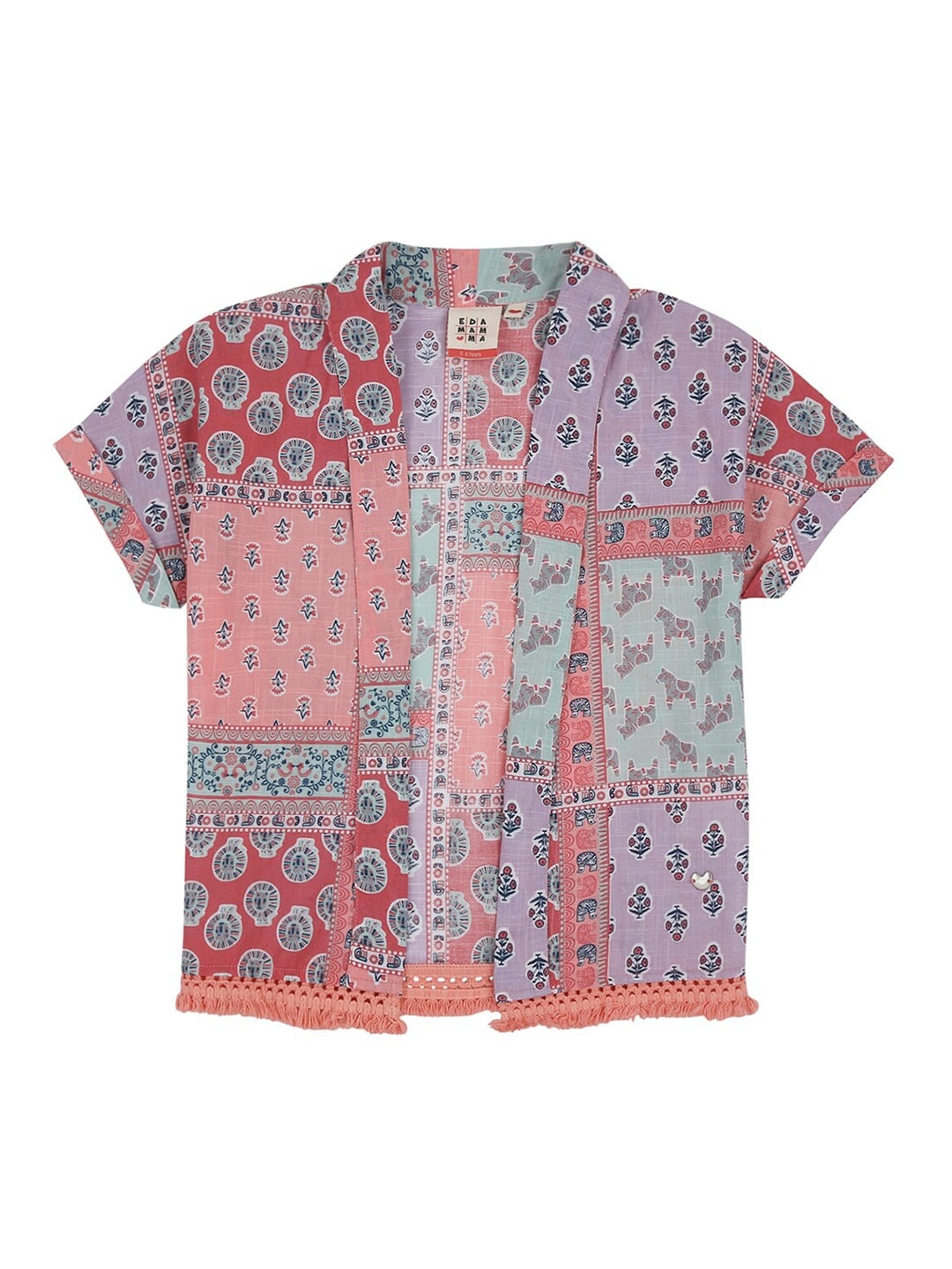 

Ed-a-Mamma Girls Peach-Coloured & Purple Printed Cotton Sustainable Open Front Shrug