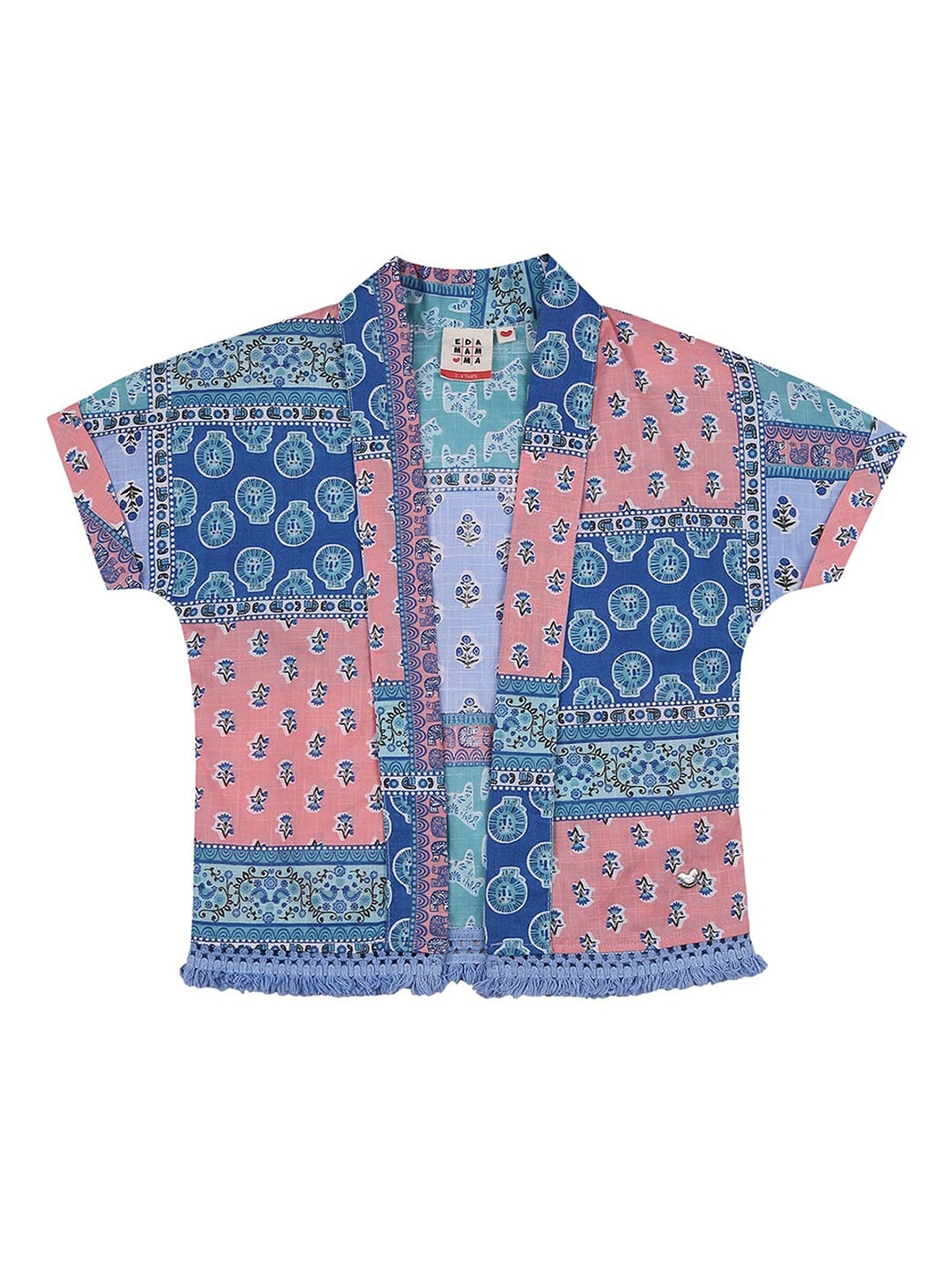 

Ed-a-Mamma Girls Blue & Pink Printed Cotton Sustainable Open Front Shrug