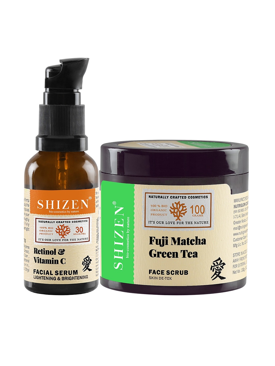 

Shizen Unisex Fuji Matcha Green Tea Face Scrub 100g & Retinol Vitamin C Facial Serum 30ml, White