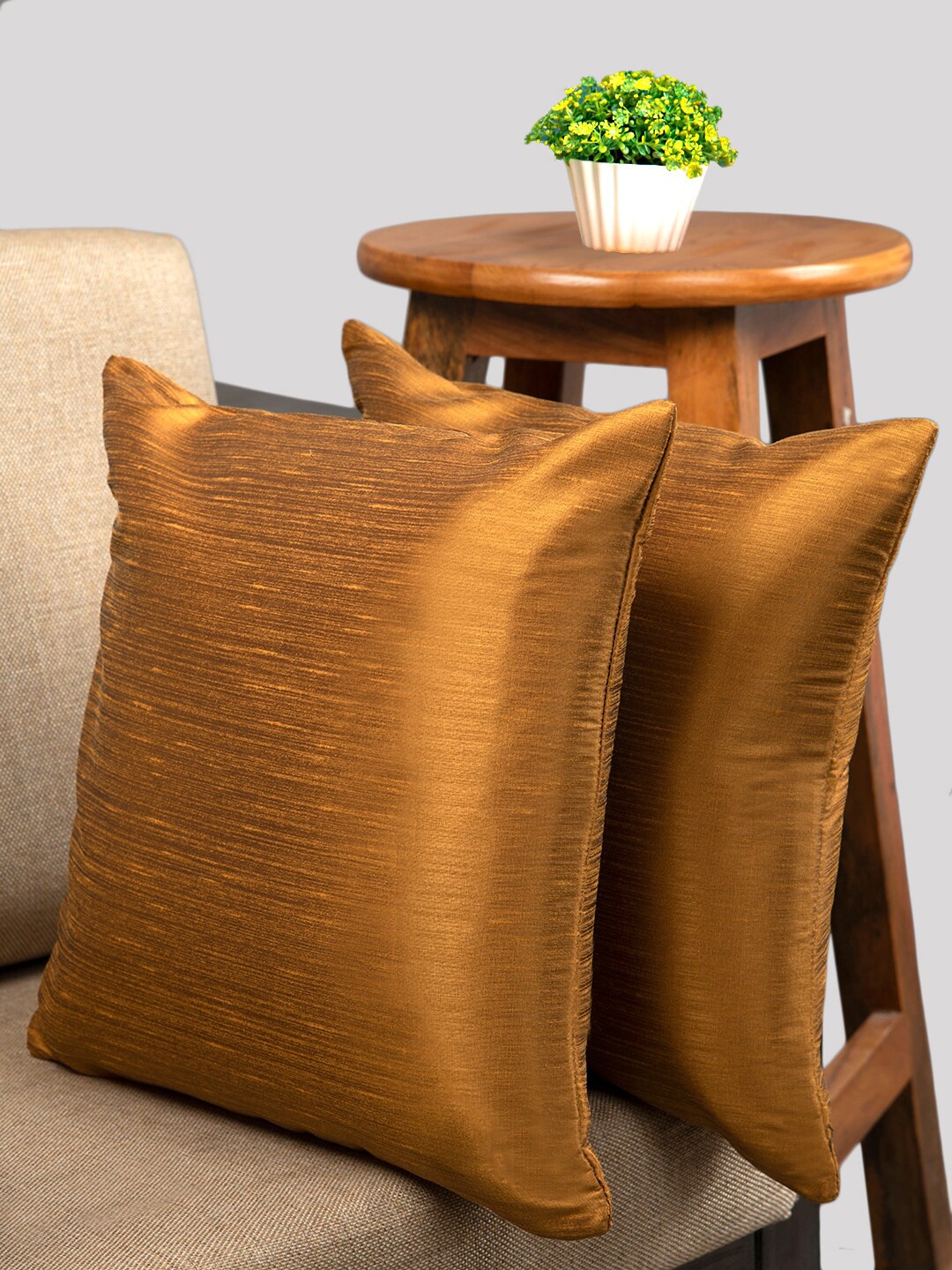

HOUZZCODE Gold-Toned Set of 2 Solid Square Cushion Covers