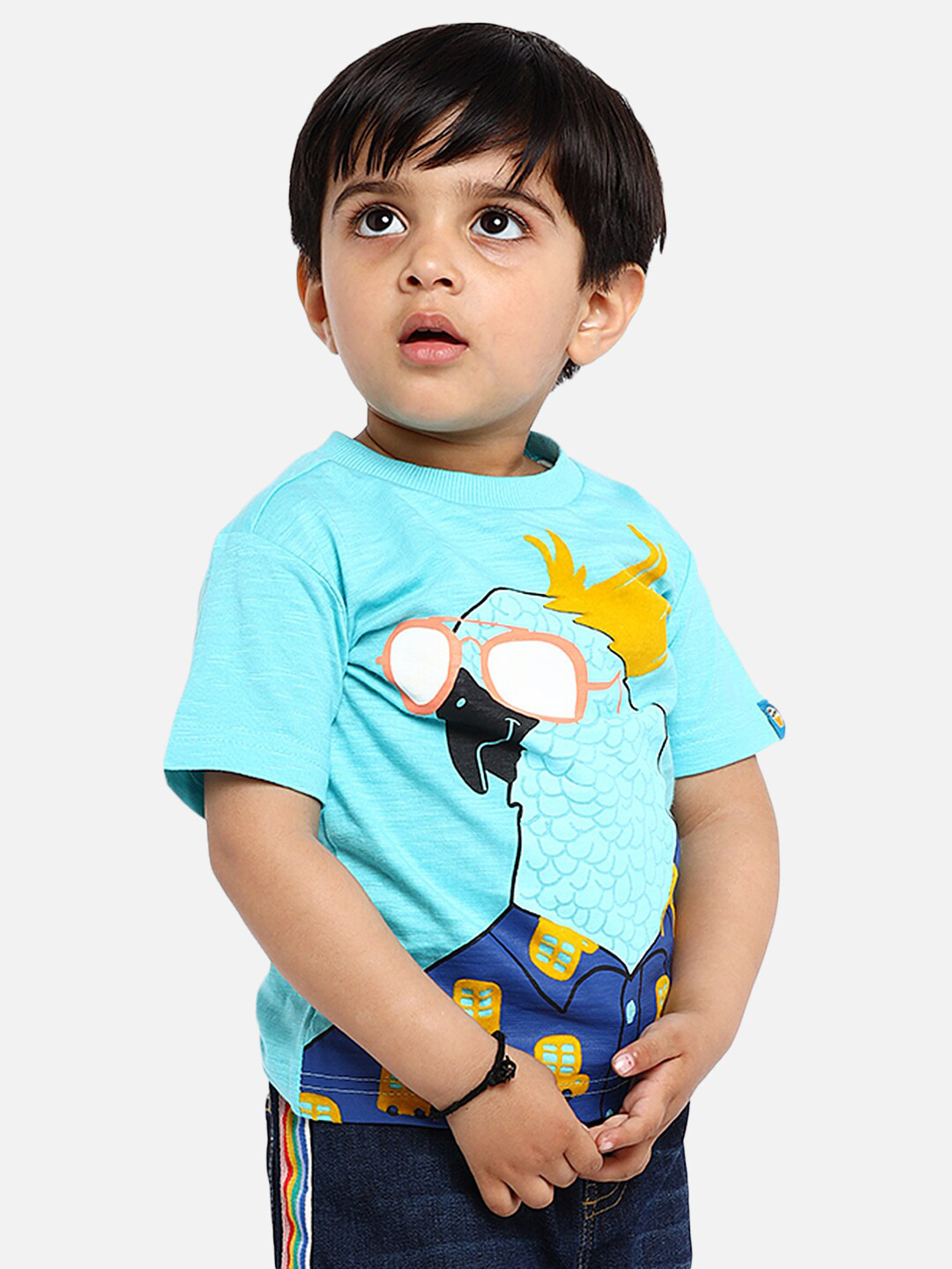 

Nauti Nati Boys Turquoise Blue Yellow Printed Round Neck Pure Cotton T-shirt