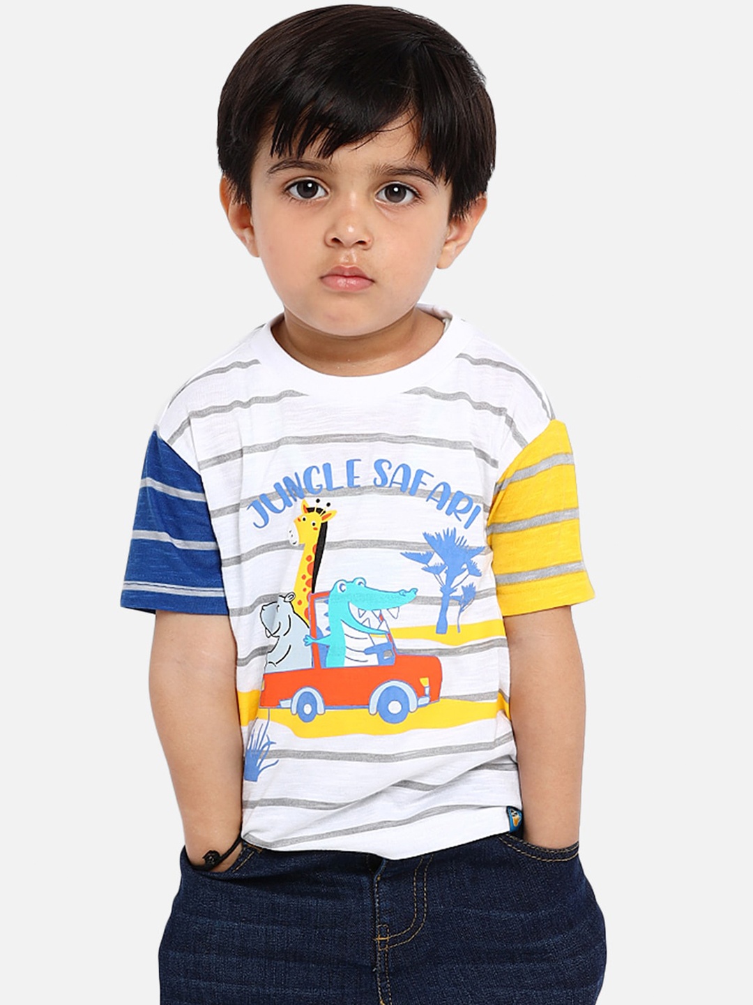 

Nauti Nati Boys White Blue Striped Round Neck Pure Cotton T-shirt