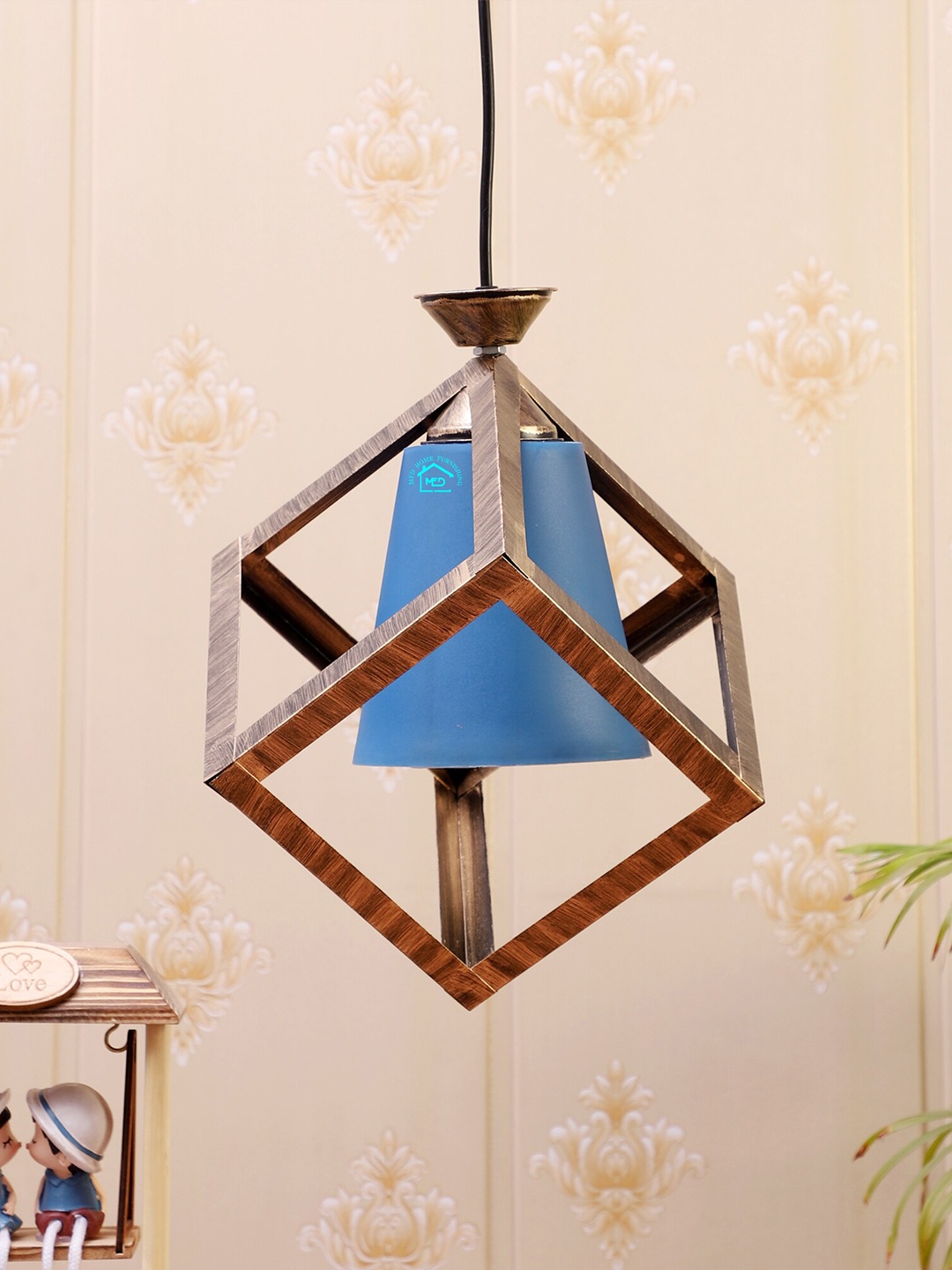 

MFD HOME FURNISHING Blue & Gold-Toned Self Design Quirky Hanging Lamp