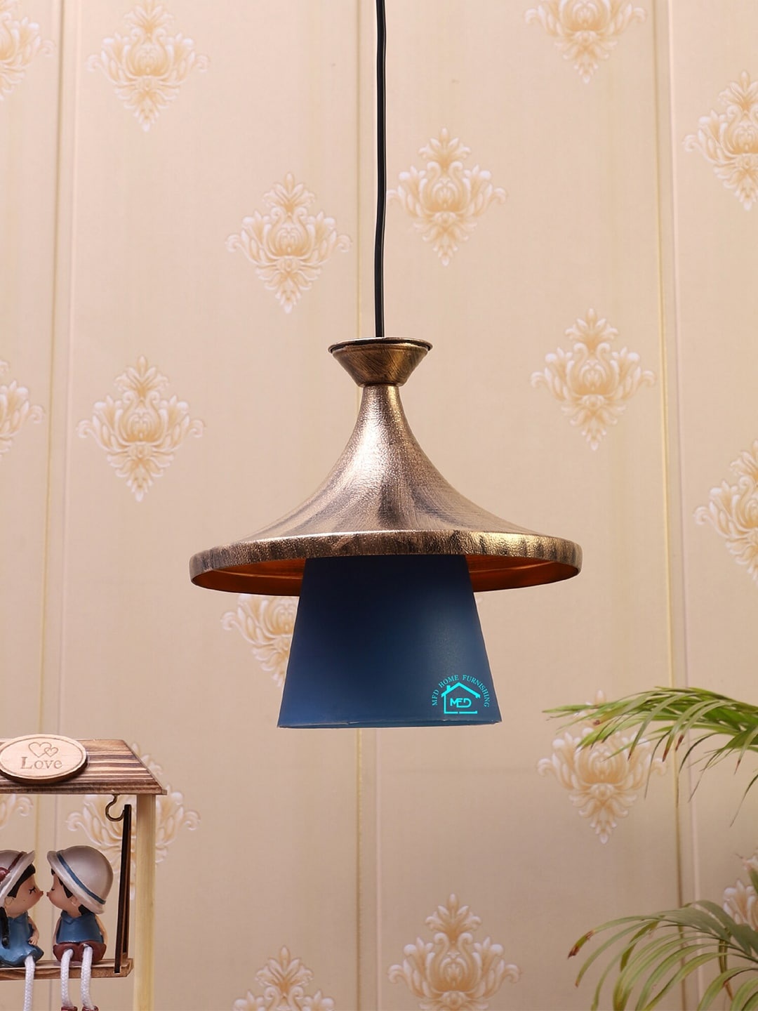 

MFD HOME FURNISHING Gold-Toned & Blue Self Design Quirky Hanging Lantern