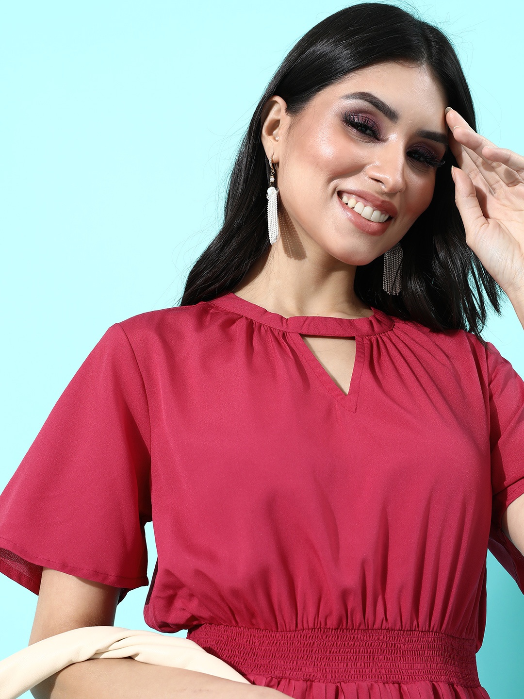 

DressBerry Magenta Accordion Pleated Keyhole Neck Maxi Dress