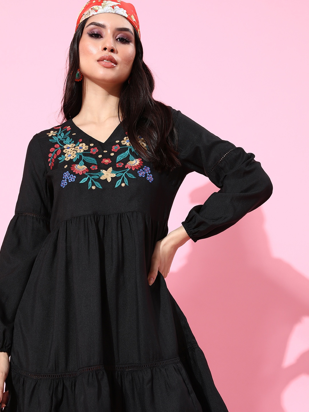 

DressBerry Black Embroidered Tiered A-Line Dress