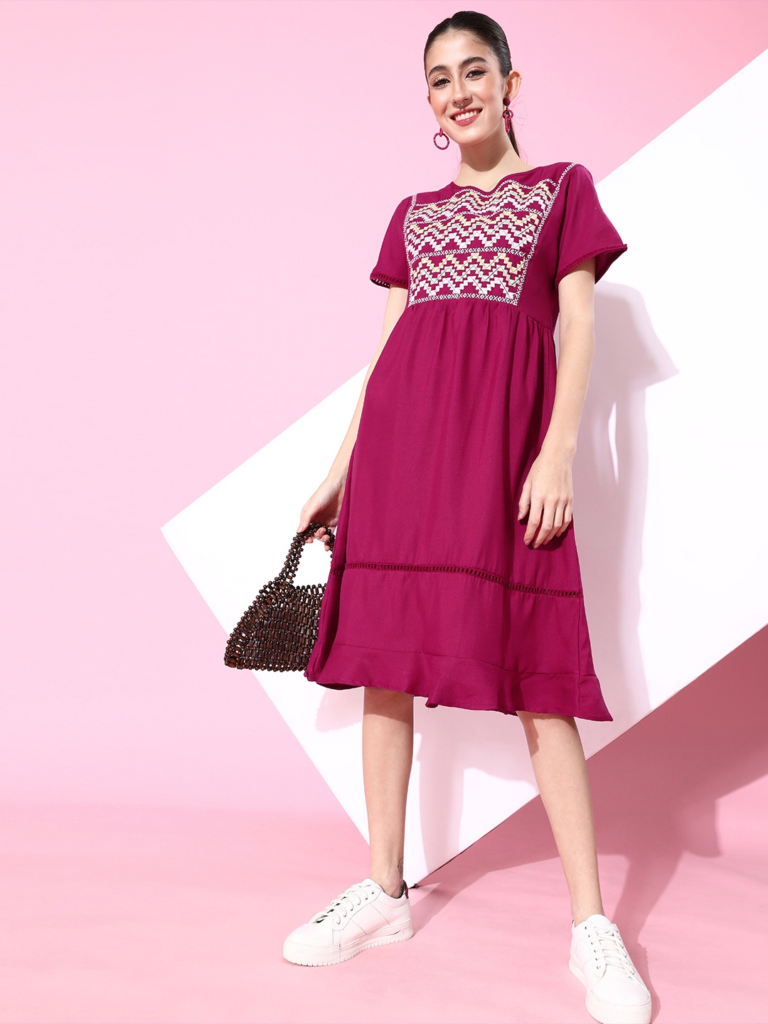 

DressBerry Magenta Embroidered A-Line Dress