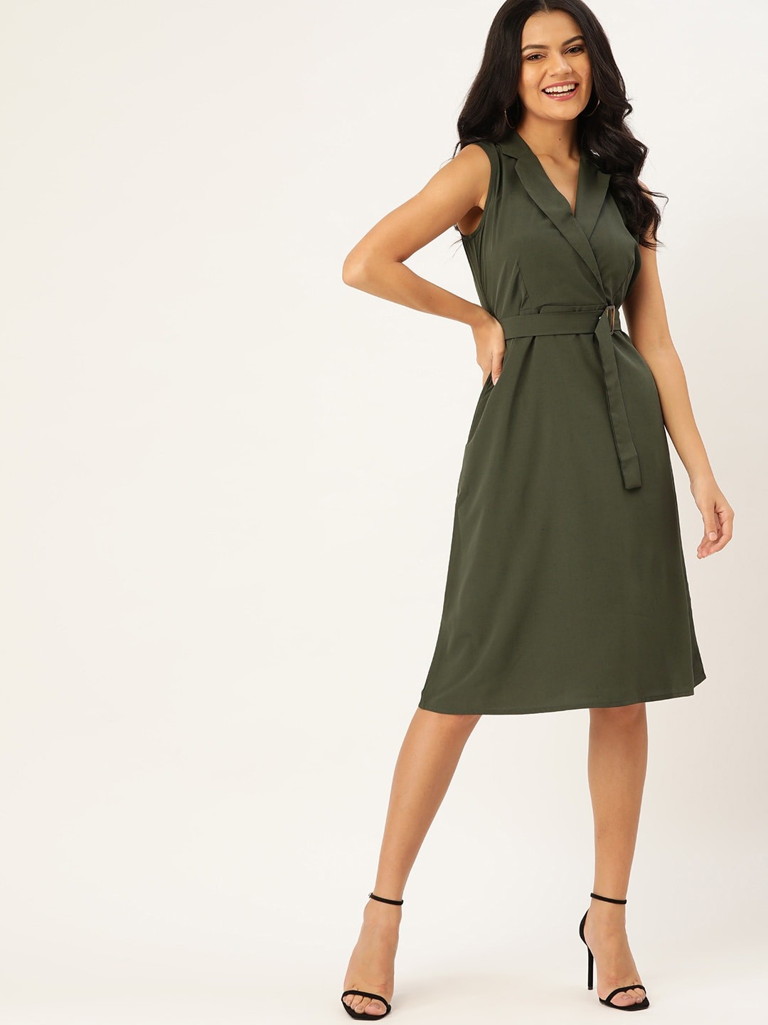 

DressBerry Women Olive Solid A-Line Dress